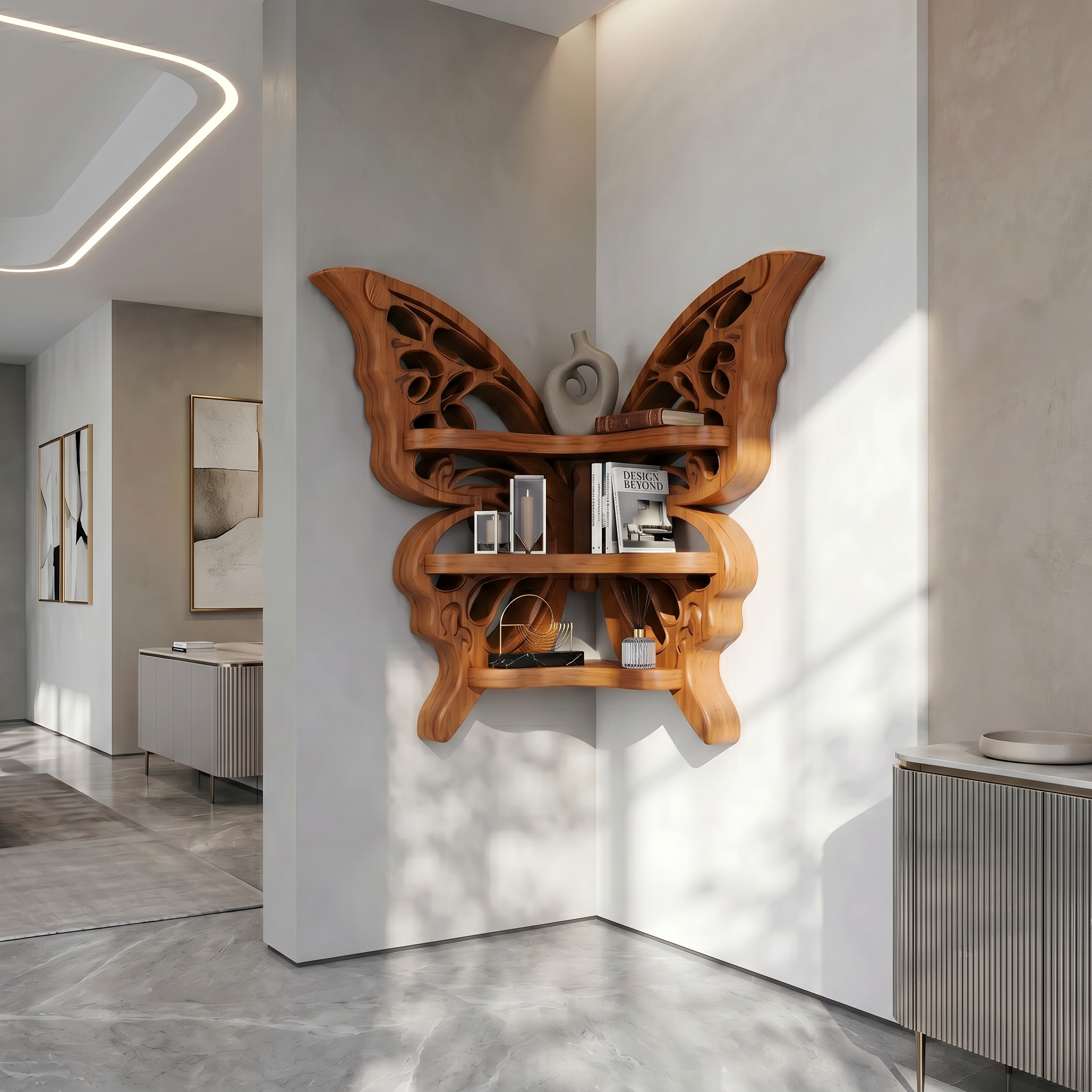 Sculptural Butterfly Floating Shelf With Handcrafted Solid Wood Design For Living Room