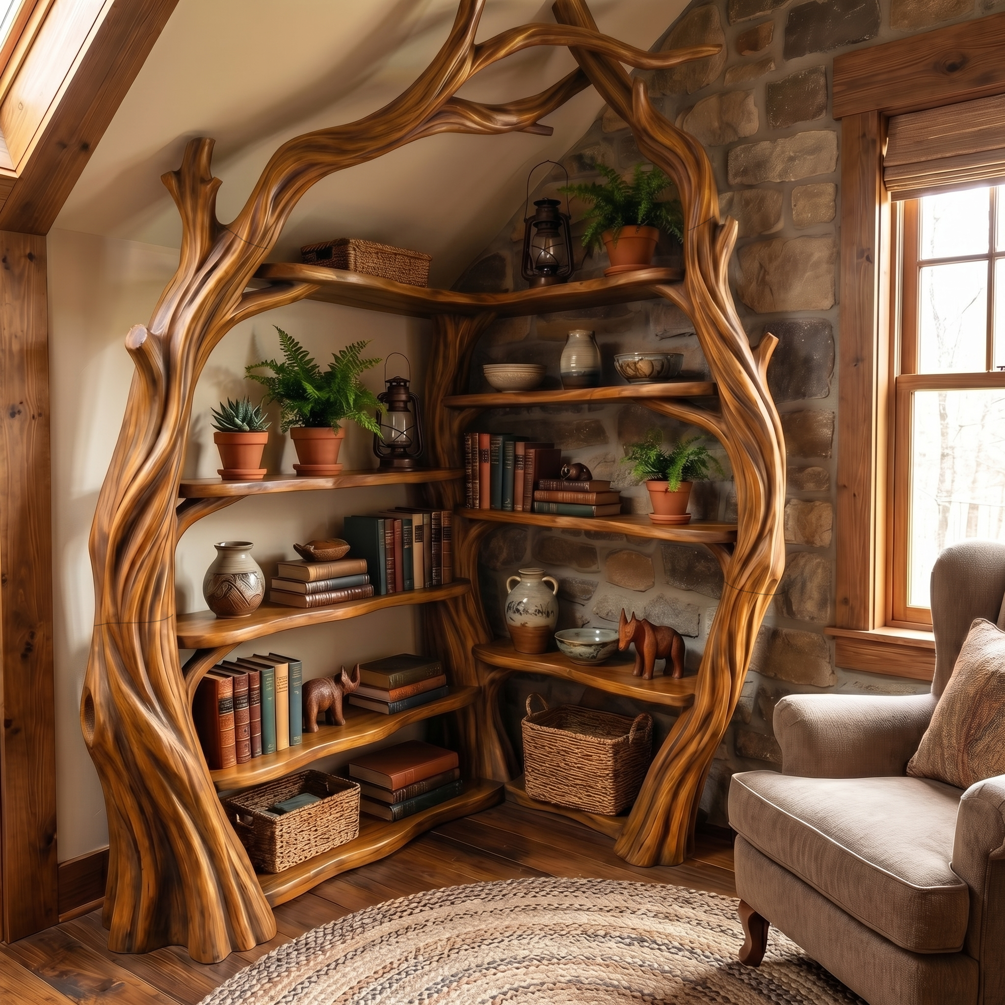 Tree Wall Bookshelf Corner Storage Bookcase Wooden Display Shelf For Living Room Bedroom Decor