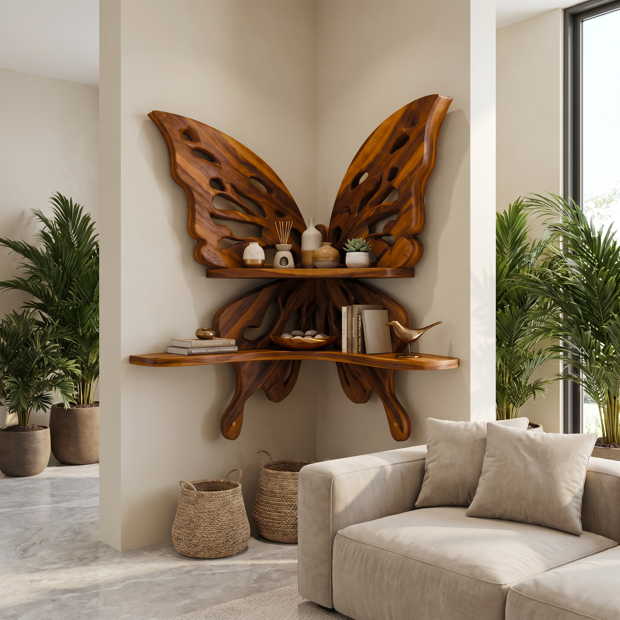 Butterfly Inspired Floating Shelf With Sculptural Live Edge Wood Design For Living Room