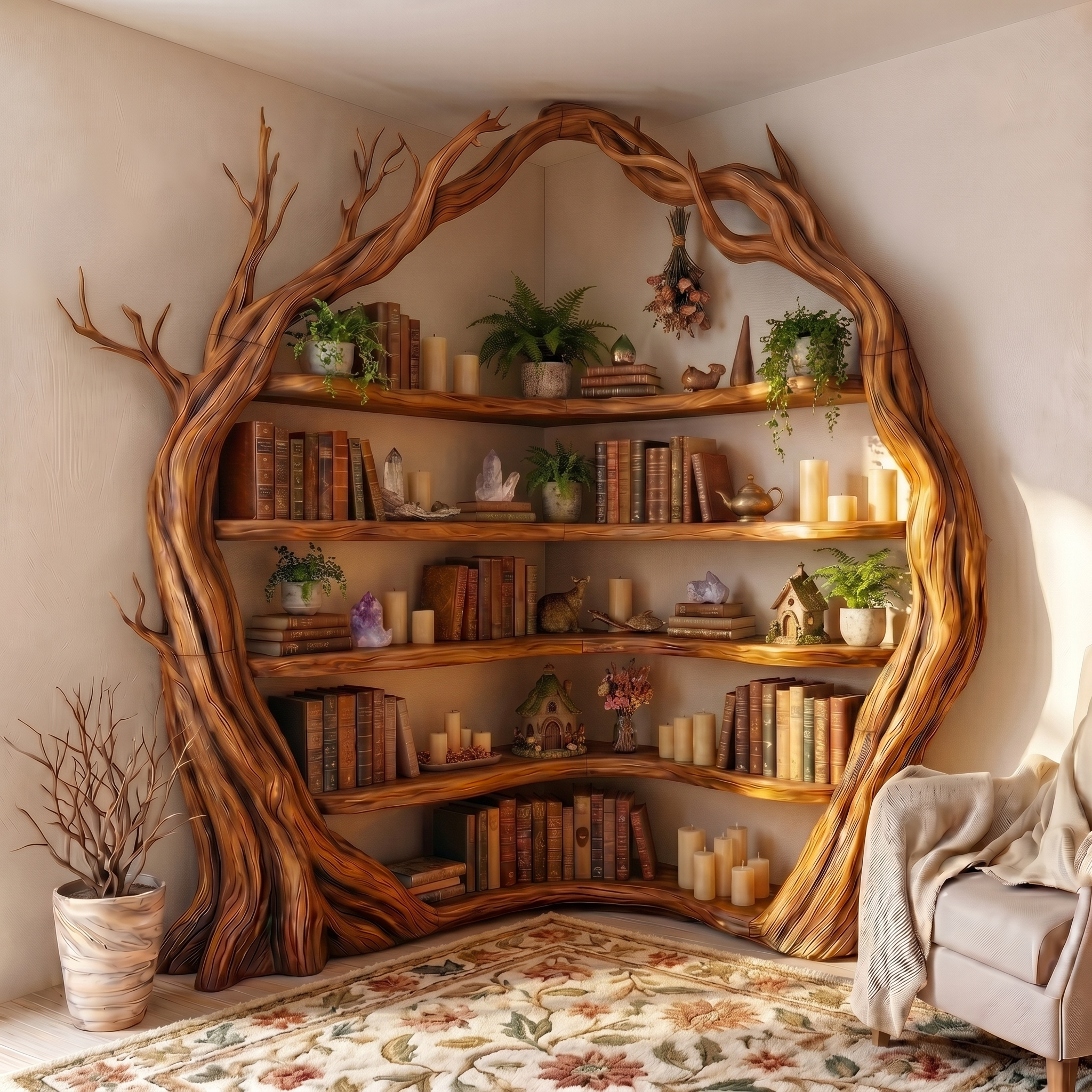 Statement Tree Corner Bookshelf For Living Room And Reading Nook