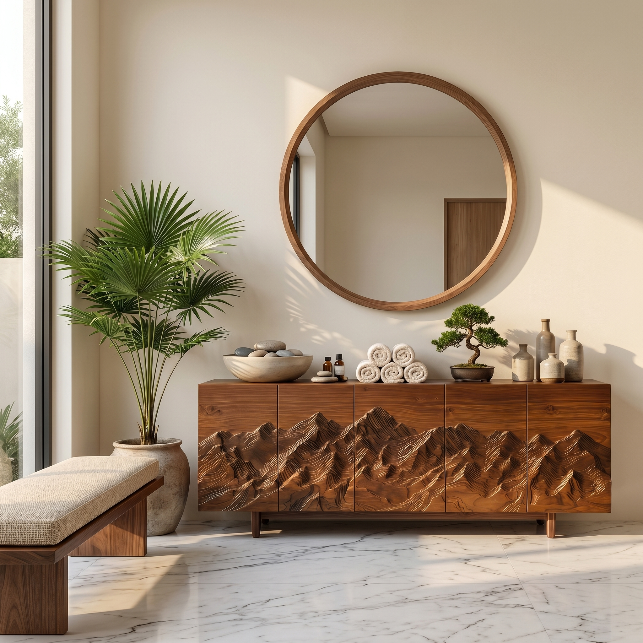 Rustic Mountain Sunrise Sideboard With Hand Carved Wood Doors For Living Room And Entryway