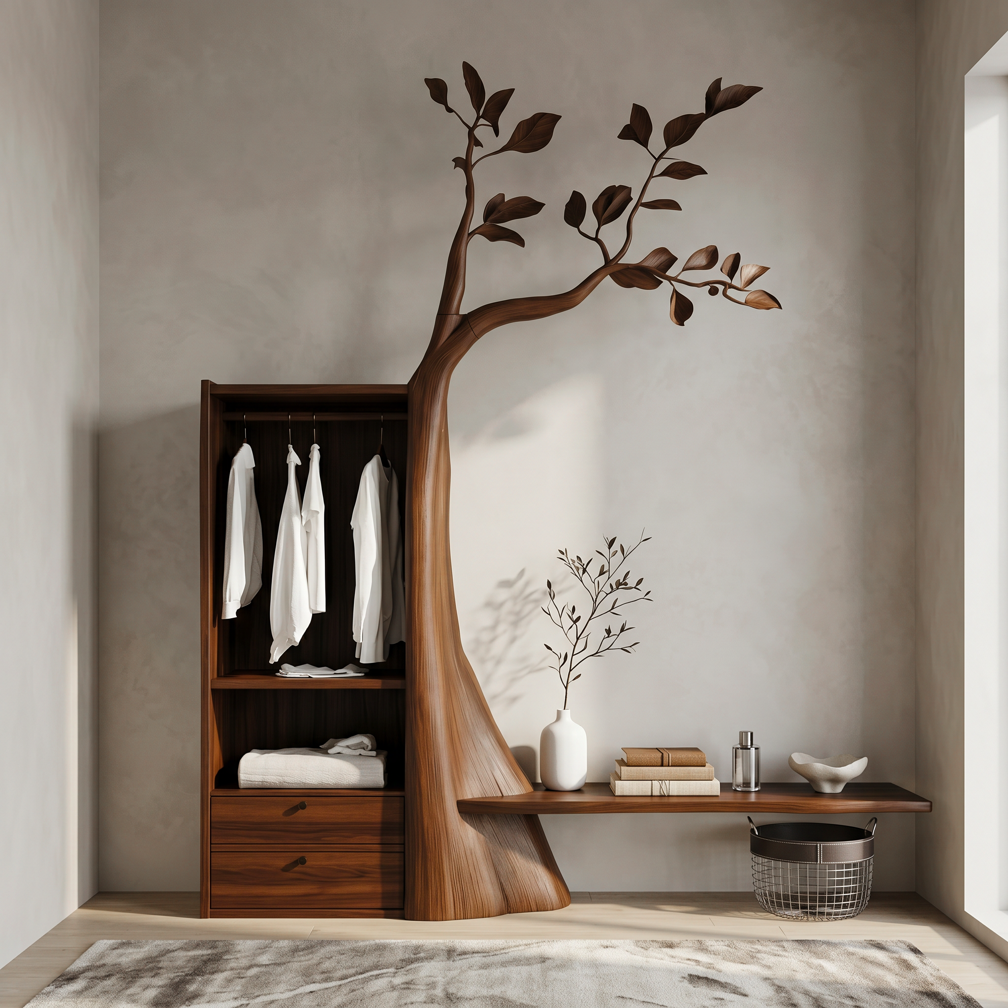 Organic Modern Tree Coat Rack Seating Bench Entryway And Bedroom