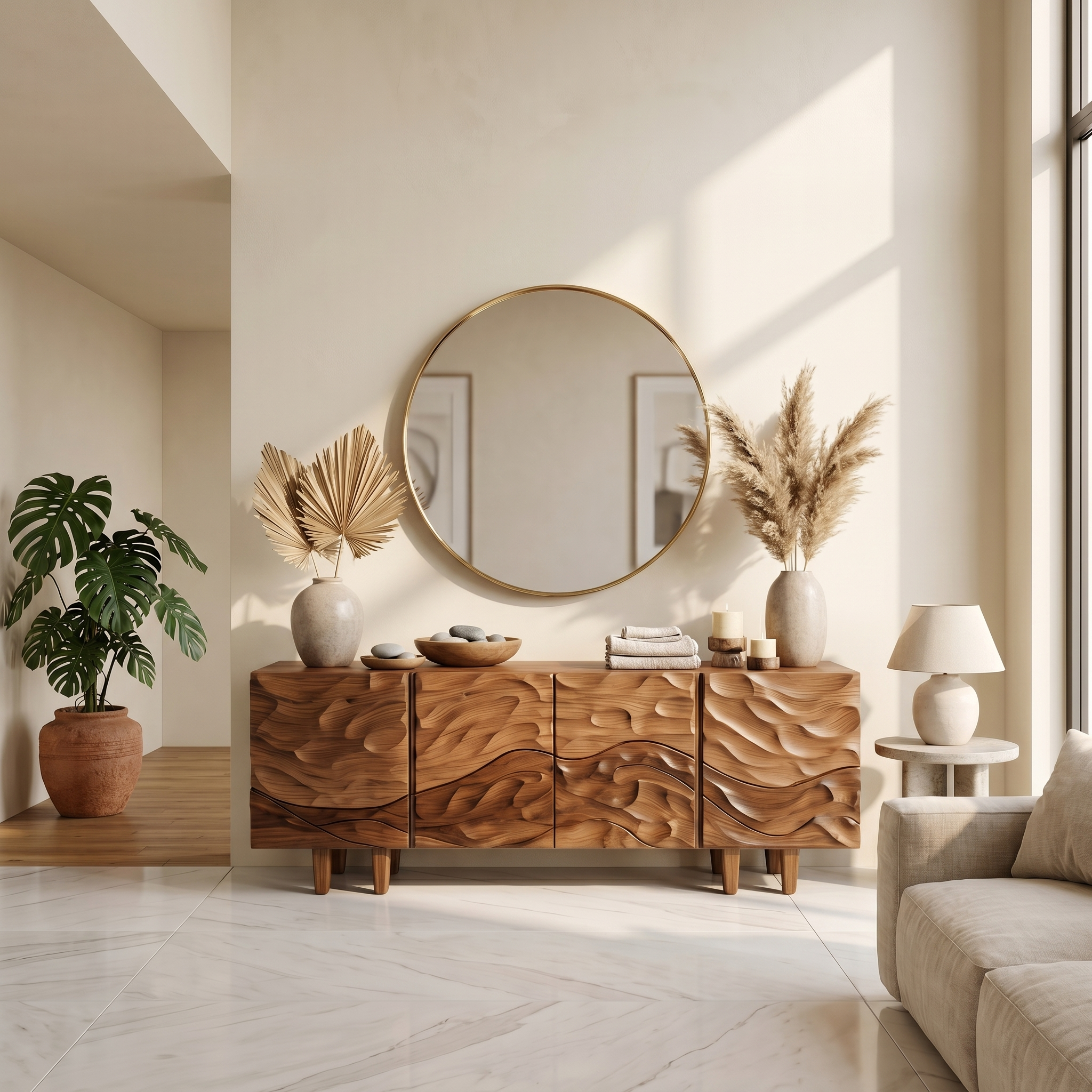Sculptural Sideboard With Flowing Wood Grain Doors For Living Room