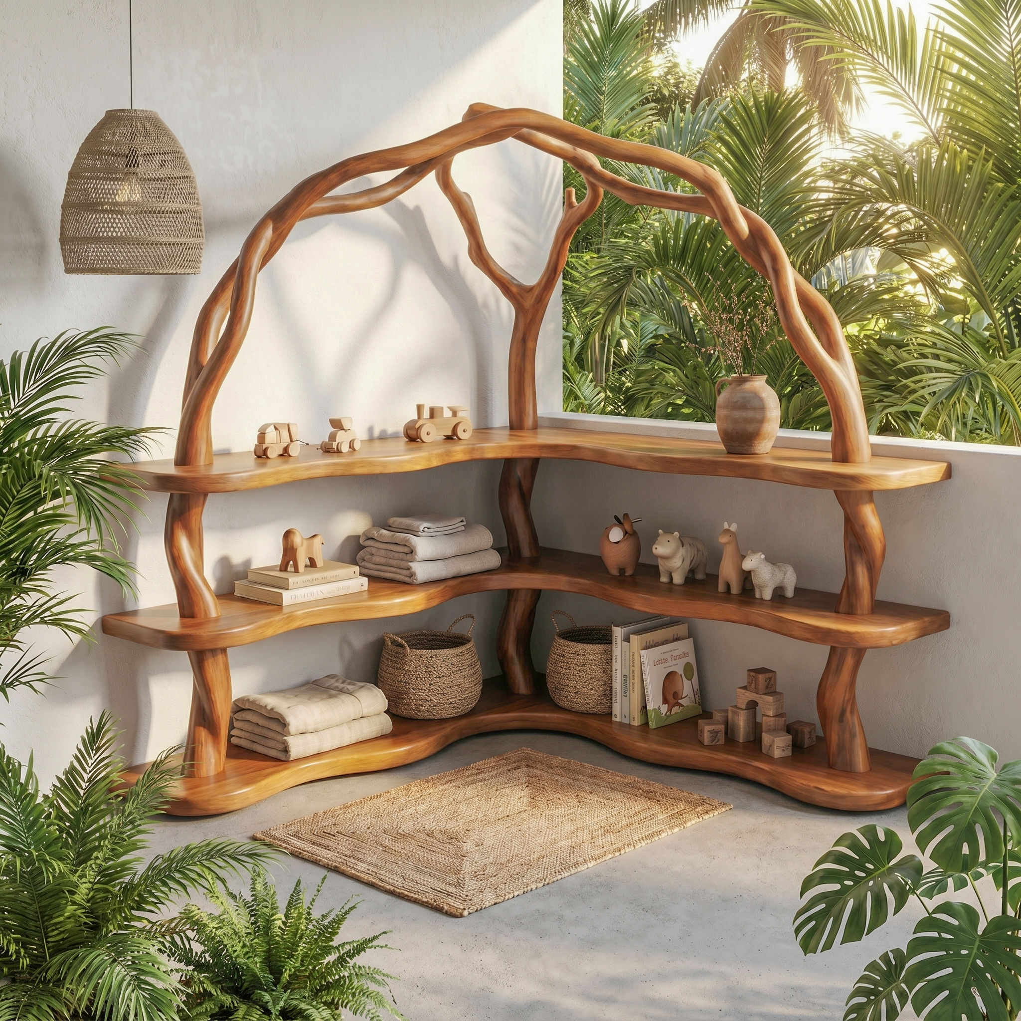 Organic Corner Bookcase With Natural Branch Frame Design For Living Room And Bedroom