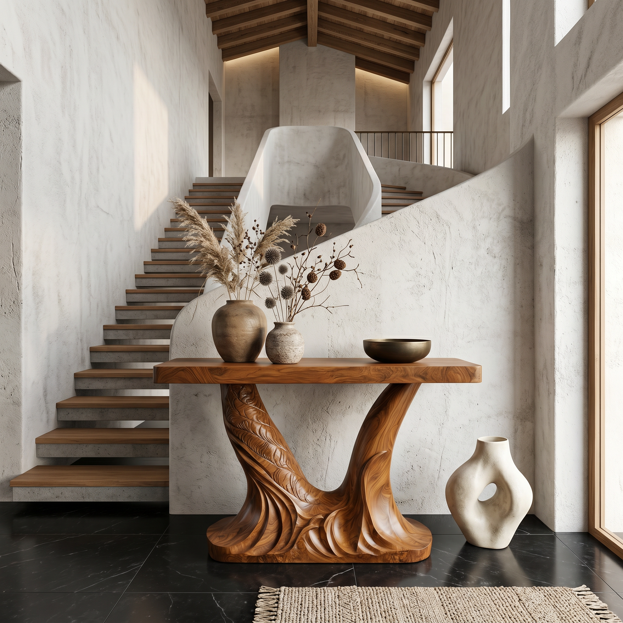 Organic Console Table With Sculptural Double Pedestal Base For Entryway