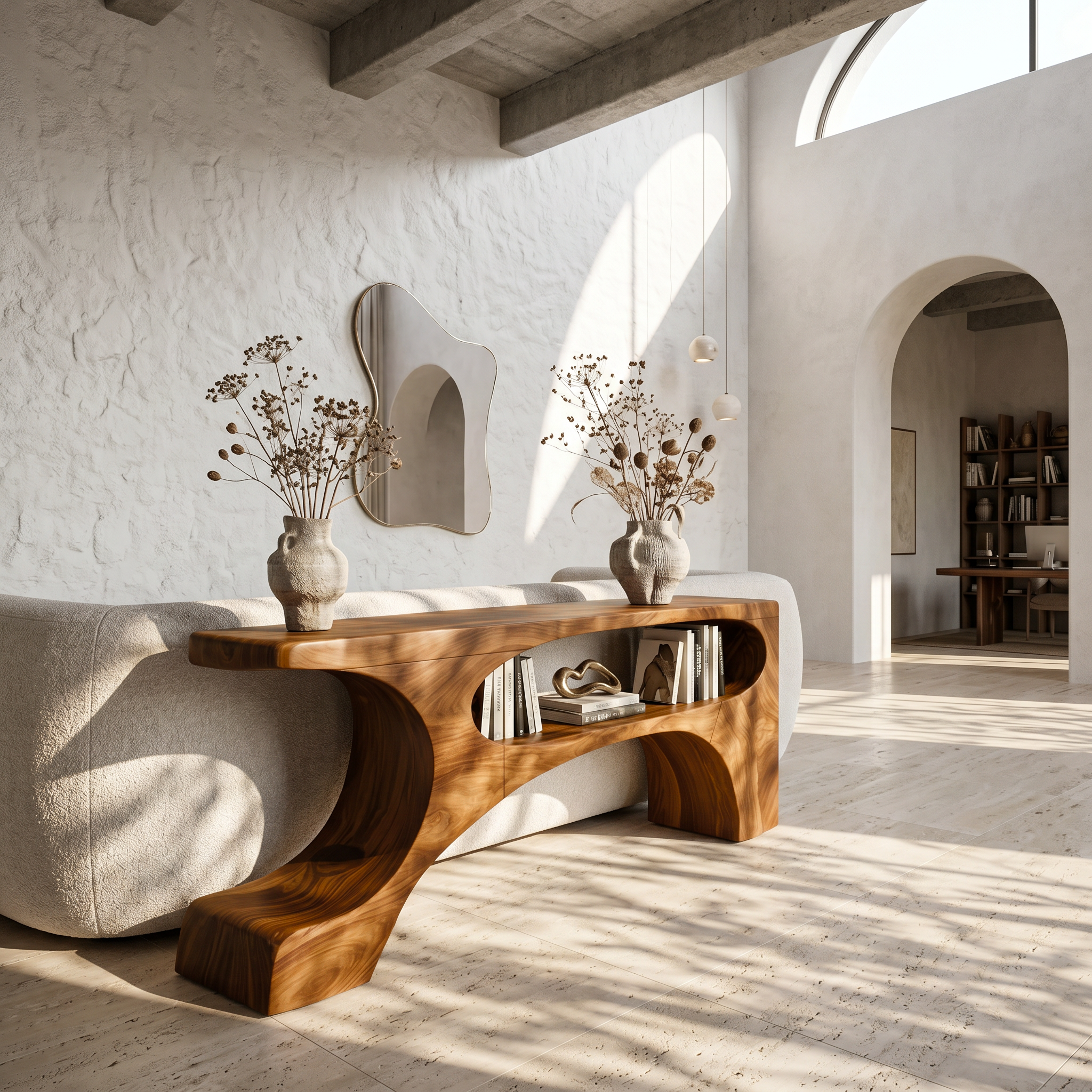 Contemporary Console Table With Organic Pedestal Design For Foyer