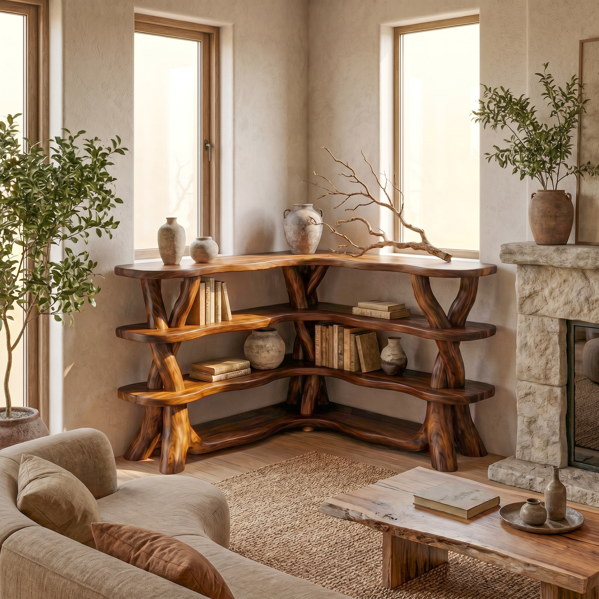 Rustic Organic Corner Bookshelf With Sculptural Tree Branch Shelves For Living Room And Bedroom