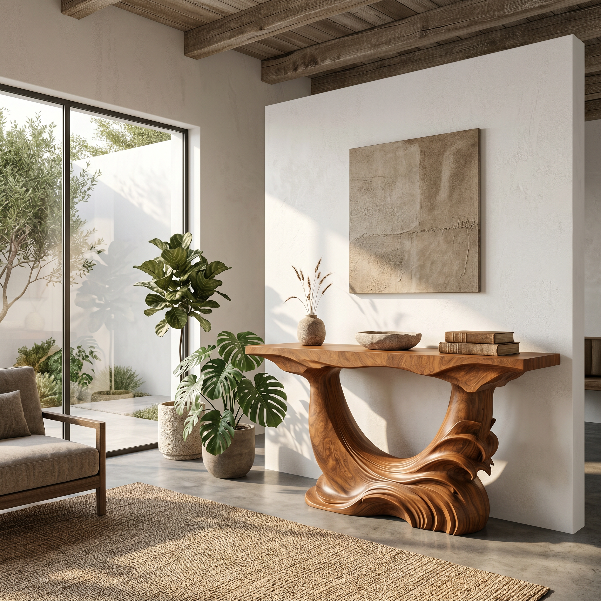 Natural Console Table With Flowing Wood Sculpture For Hallway