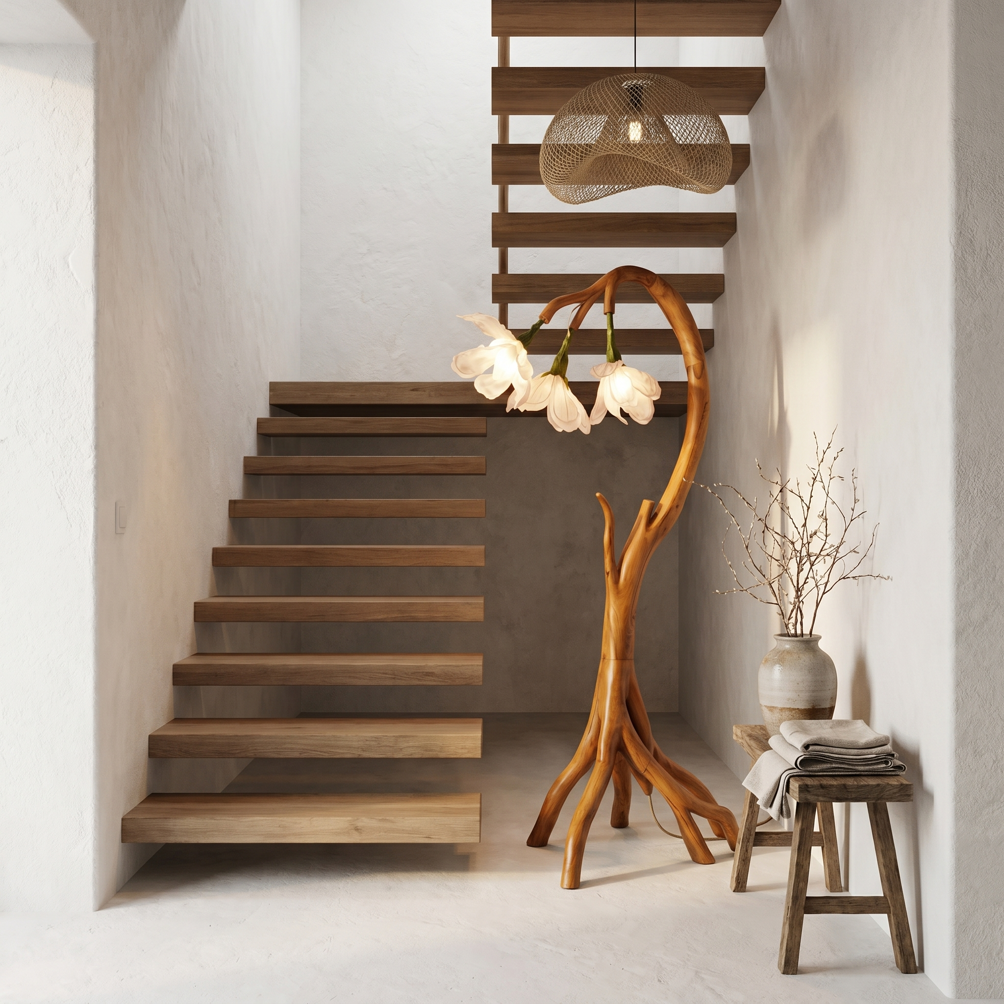 Botanical Flower Floor Lamp With Sculptural Wood Base For Living Room And Bedroom