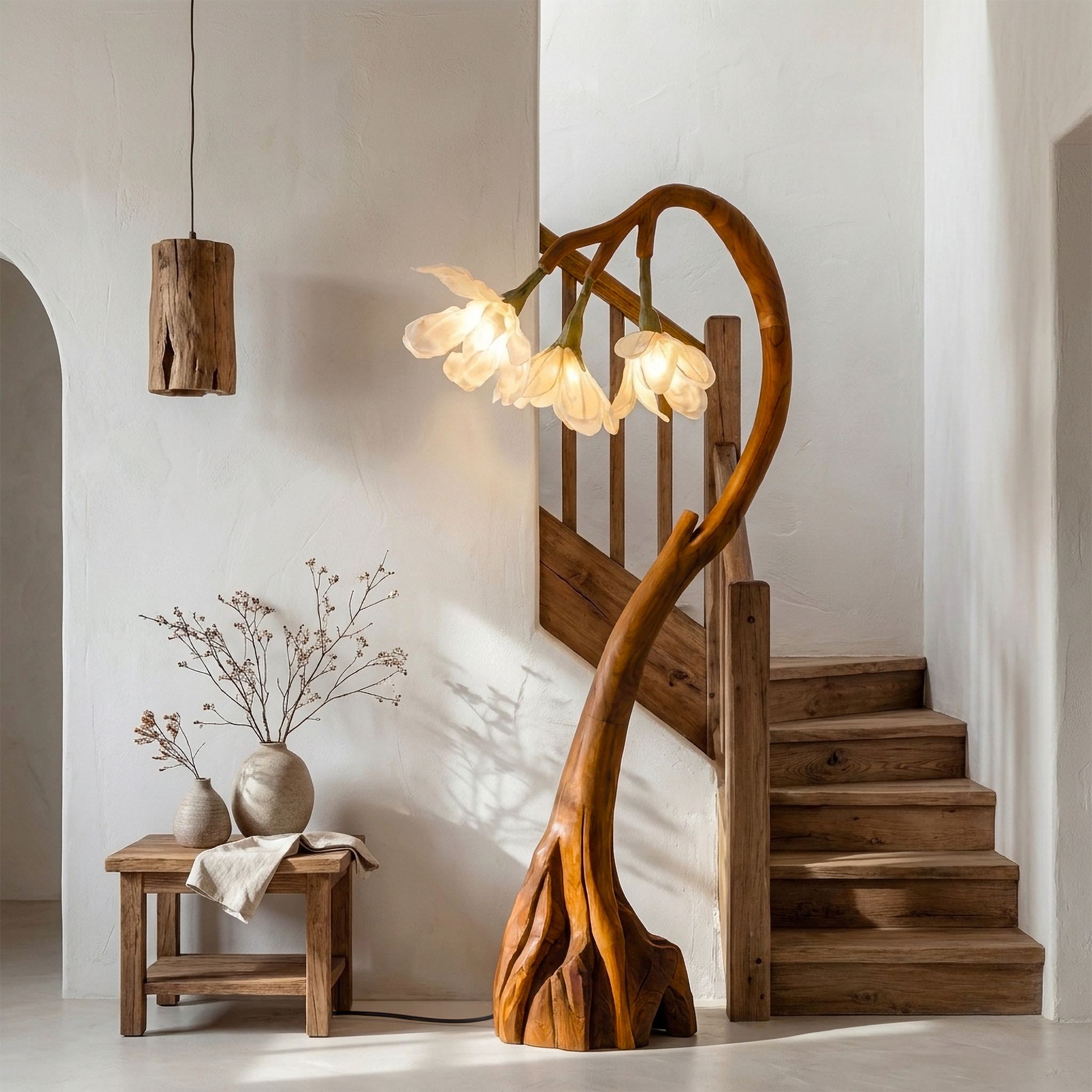 Floral Floor Lamp With Organic Wood Base For Living Room And Bedroom