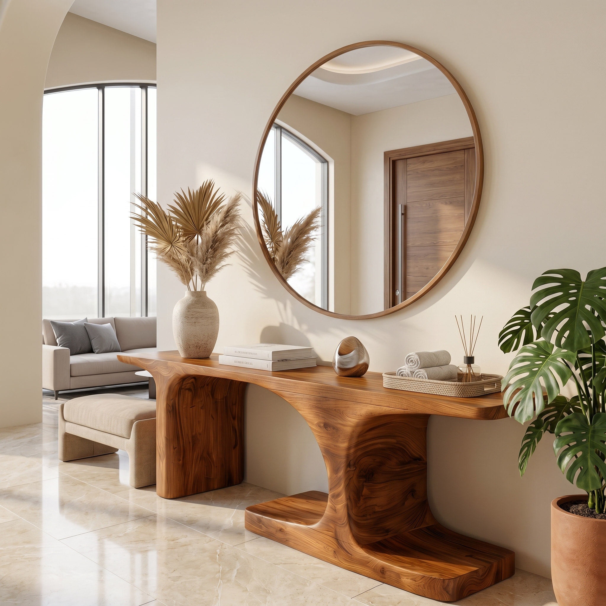 Organic Console Table With Sculptural Arched Form For Entryway