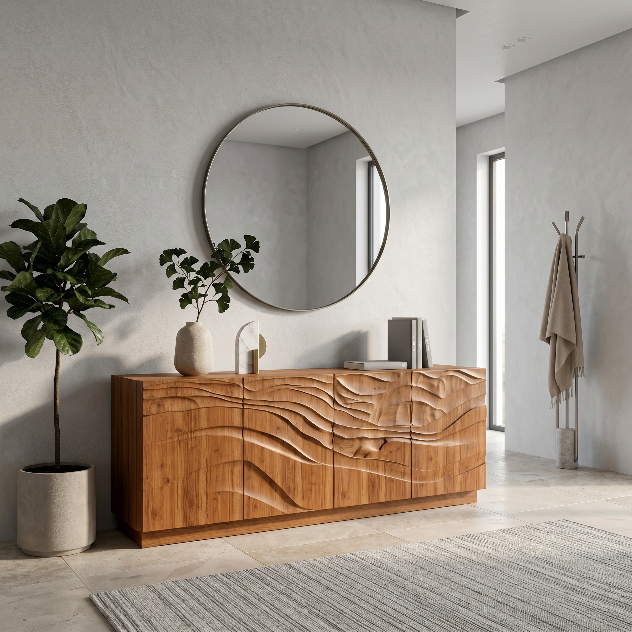 Organic Sideboard With Sculptural Wave Carved Wood Front For Living Room