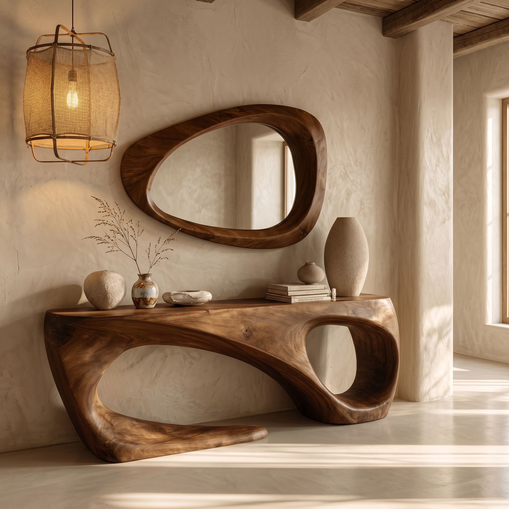 Rustic Console Table With Handcrafted Flowing Design For Living Room