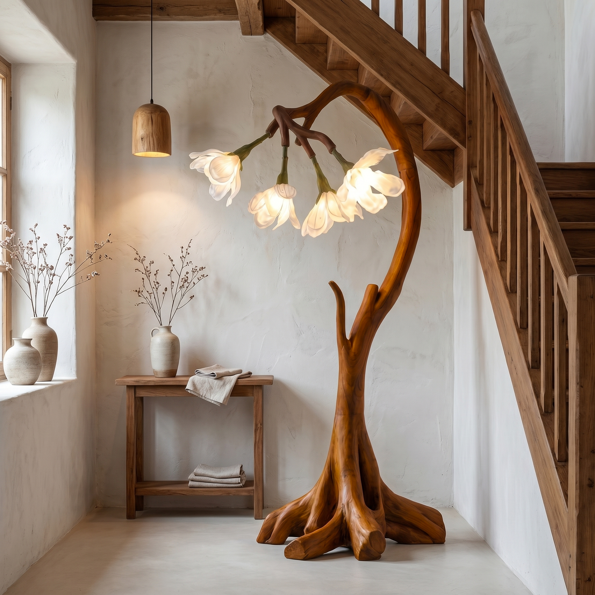 Bloom Floor Lamp With Sculptural Wooden Stand For Living Room And Bedroom