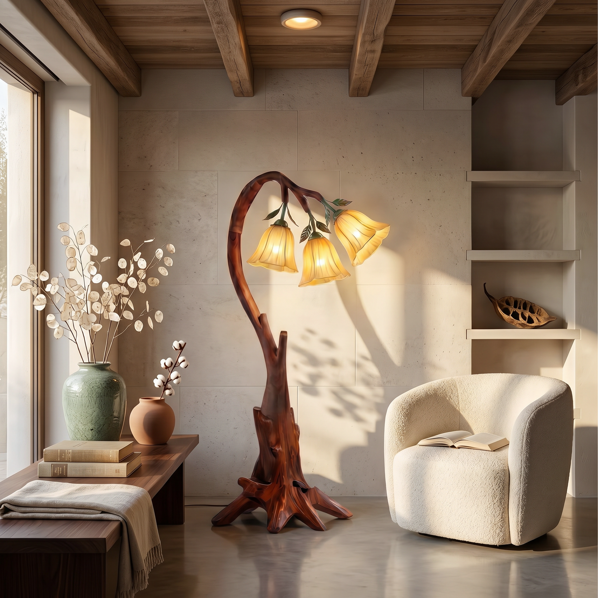 Natural Floor Lamp With Blooming Floral Form For Reading Nook And Bedroom