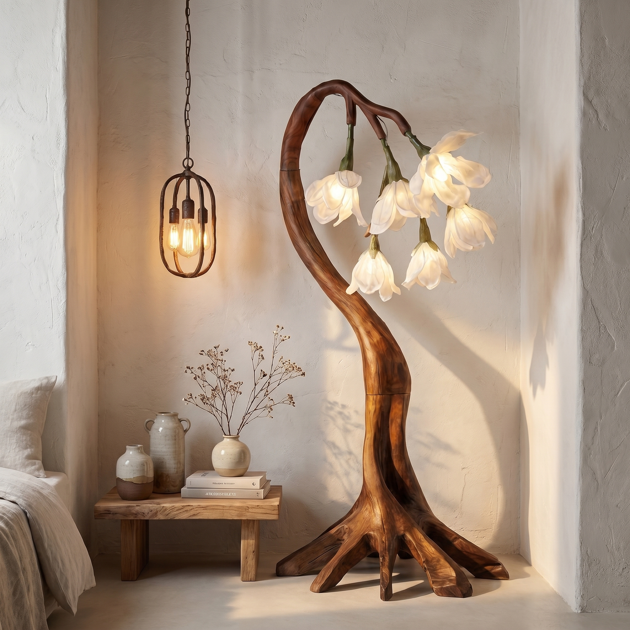 Flower Petal Floor Lamp With Solid Wood Base For Living Room And Bedroom