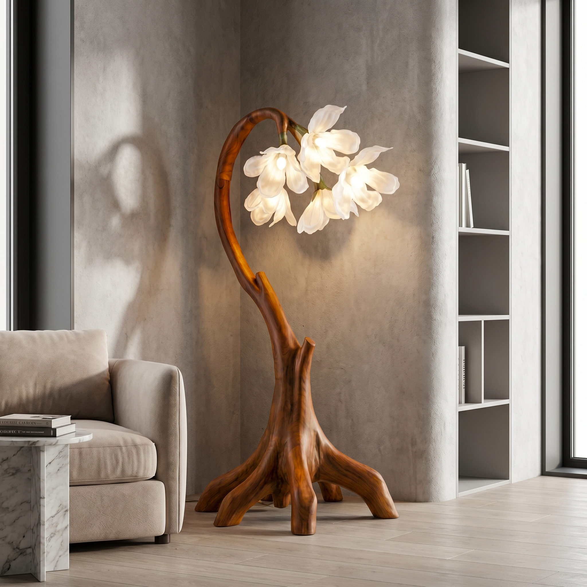 Flower Petal Floor Lamp With Solid Wood Base For Living Room And Bedroom