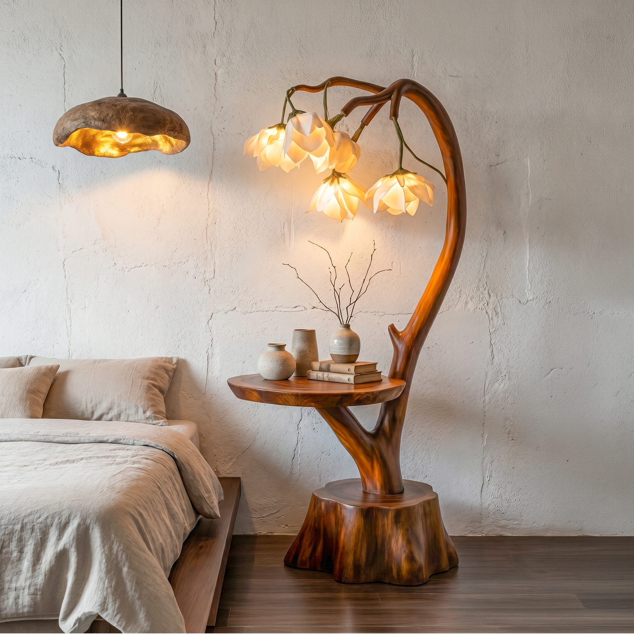 Sculptural Flower Floor Lamp With Handmade Wood Base For Living Room And Bedroom