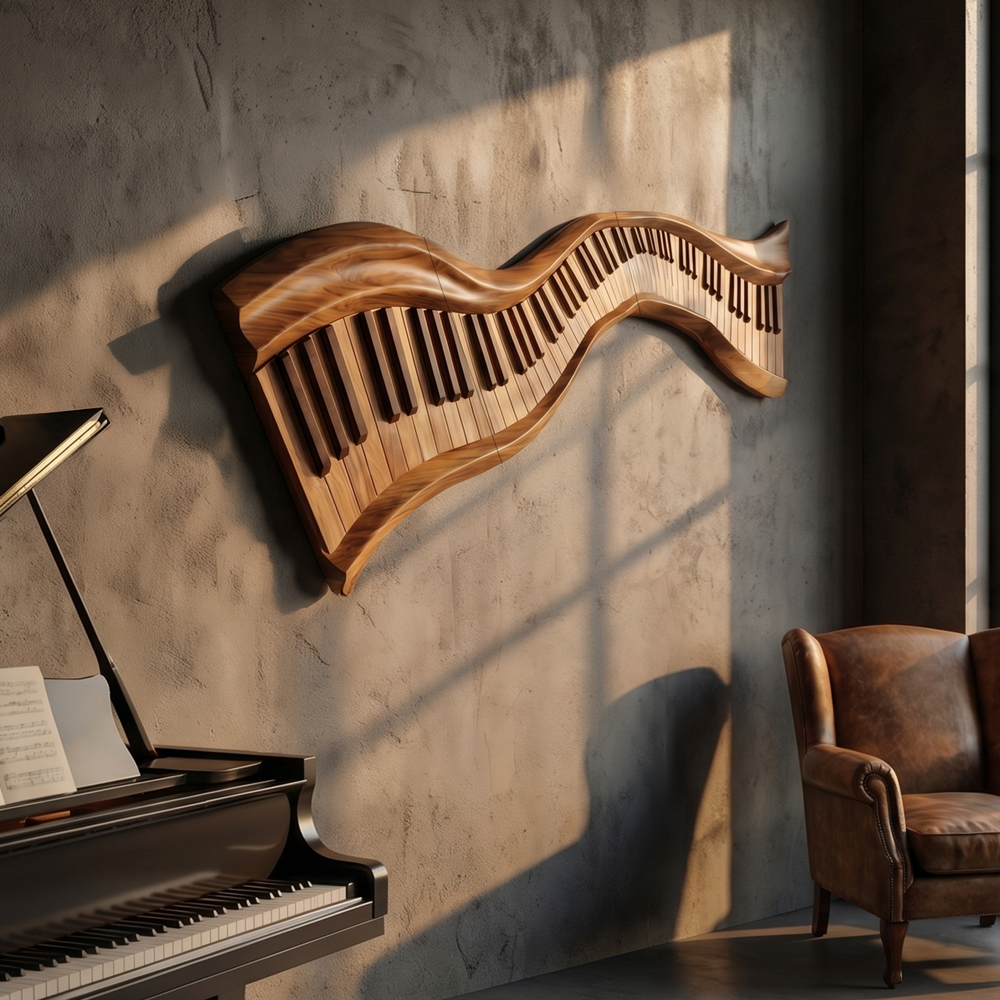 Organic Abstract Keyboard Wave Wooden Wall Sculpture For Living Room