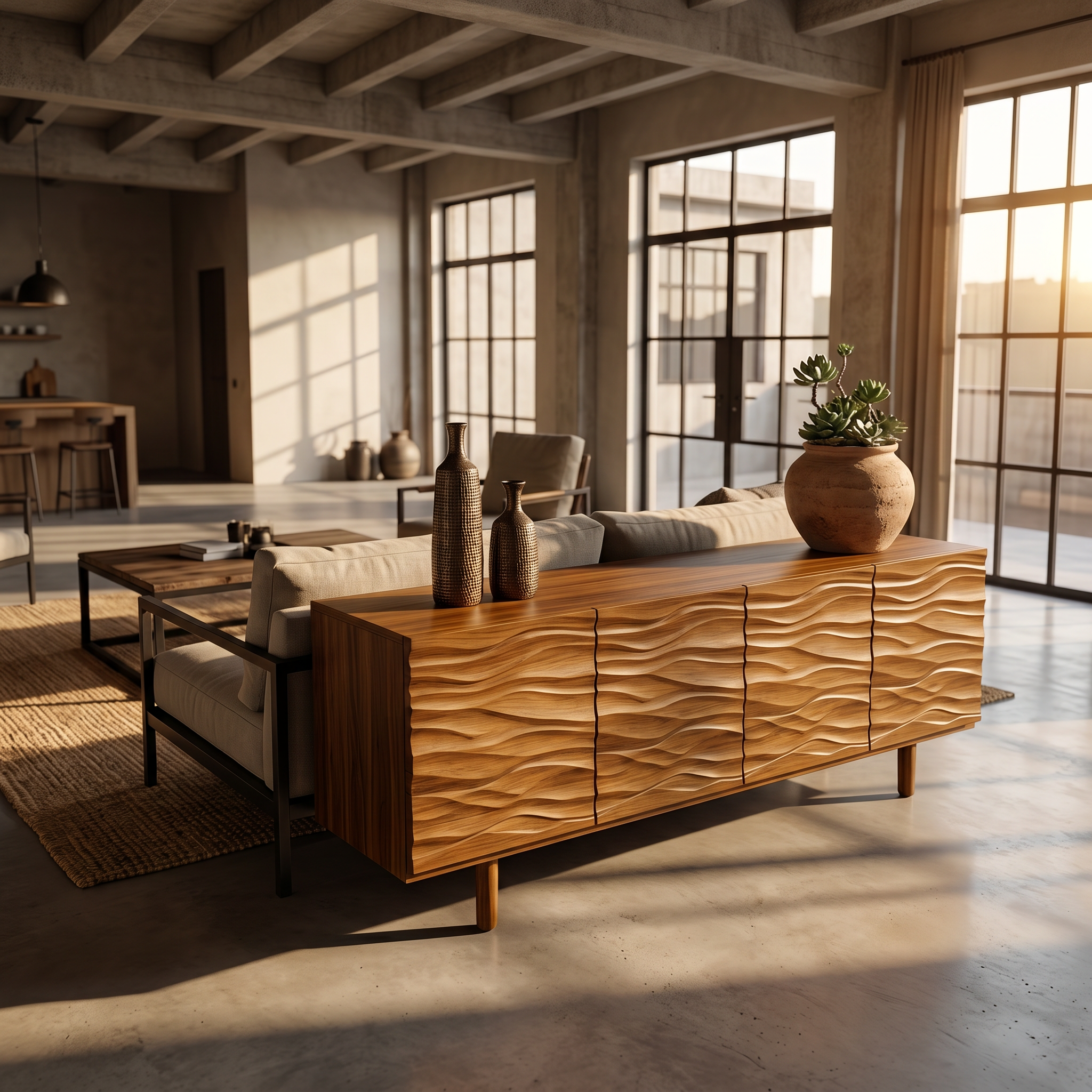 Modern Minimalist Sideboard With Textured Wood Doors For Living Room