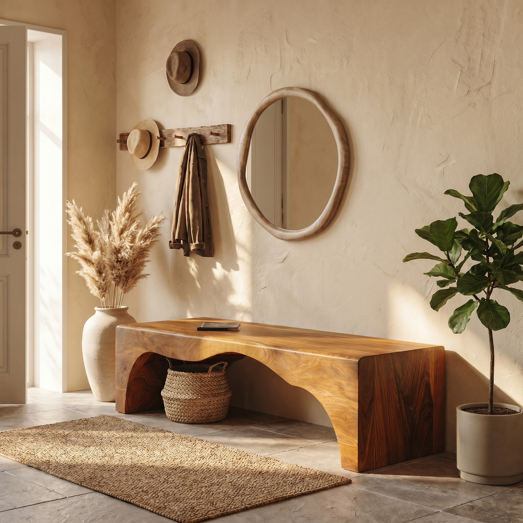 Rustic Live Edge Wooden Bench With Open Storage Shelf For Entryway