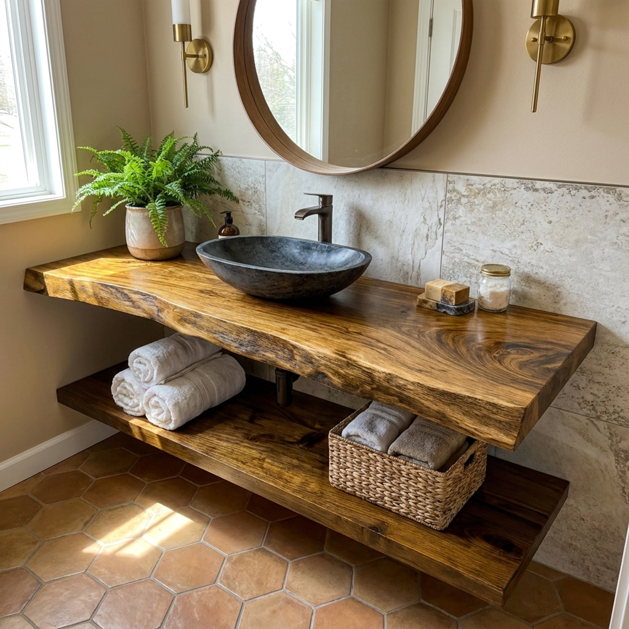 Mid Century Bathroom Vanity Shelf Curved Edge Wood Bathroom Look