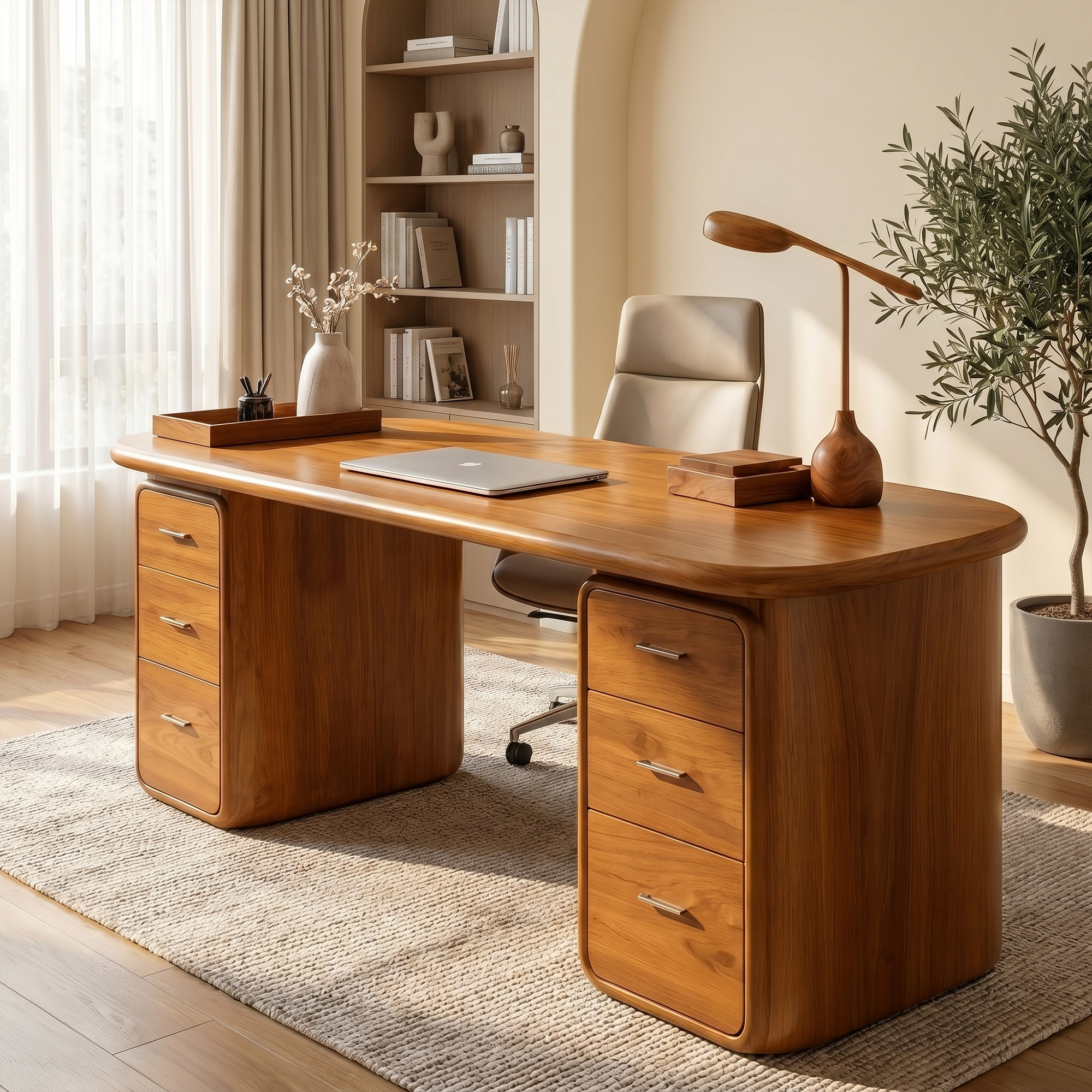 Contemporary Wood Desk With Built In Drawers For Home Office