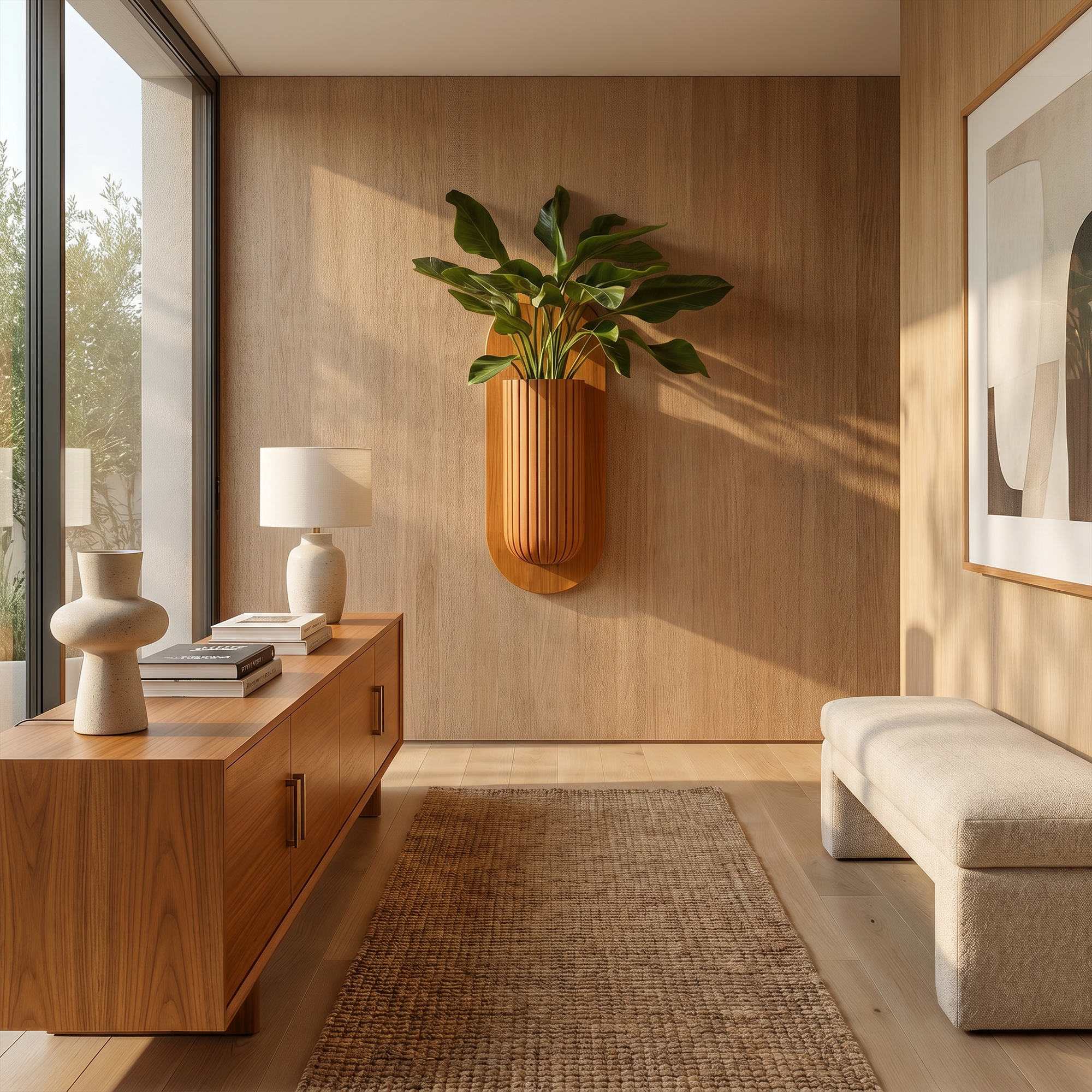 Minimalist Wood Wall Planter With Solid Wood Display Vessel For Plants