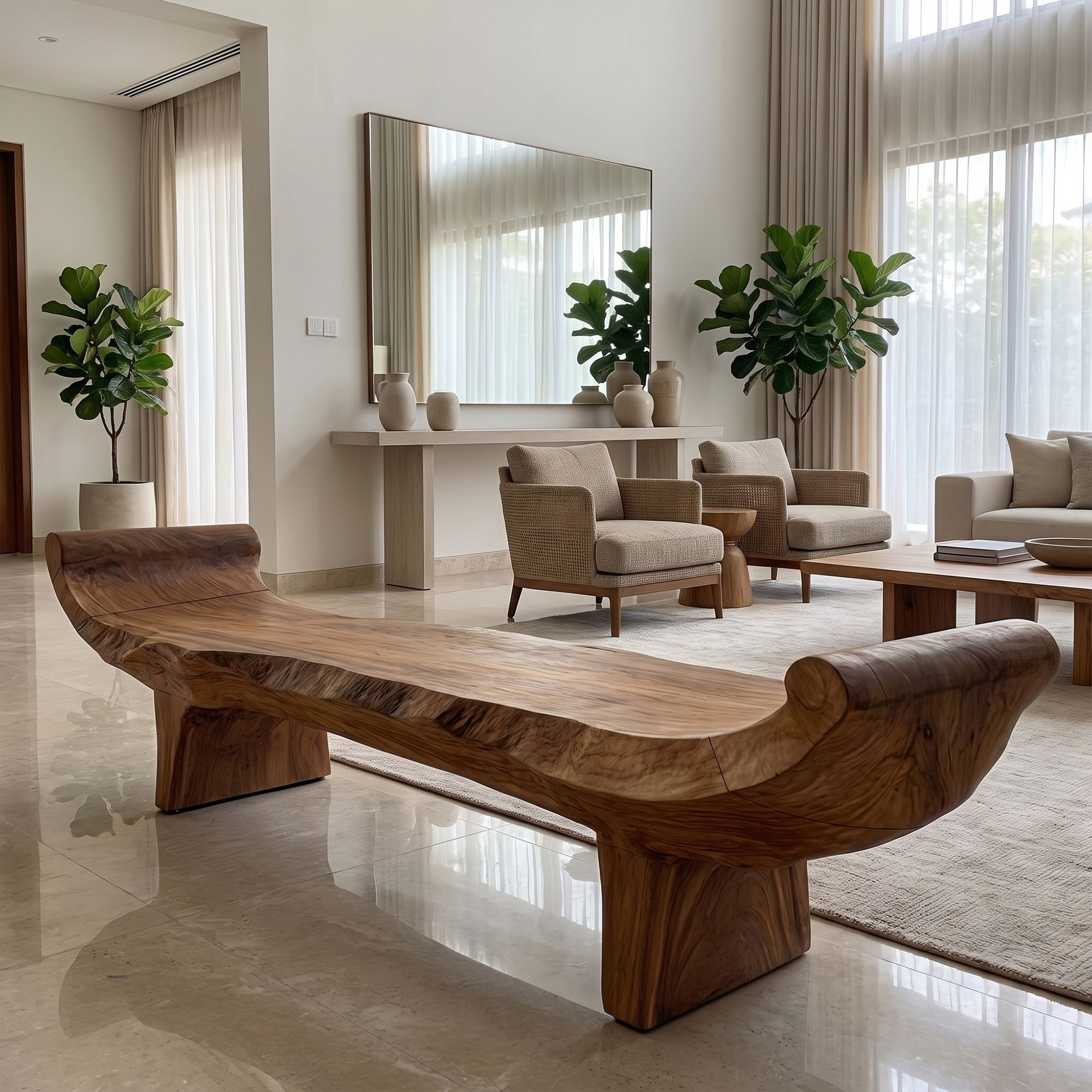 Minimalist Console Table With Sculptural Wood Base For Entryway