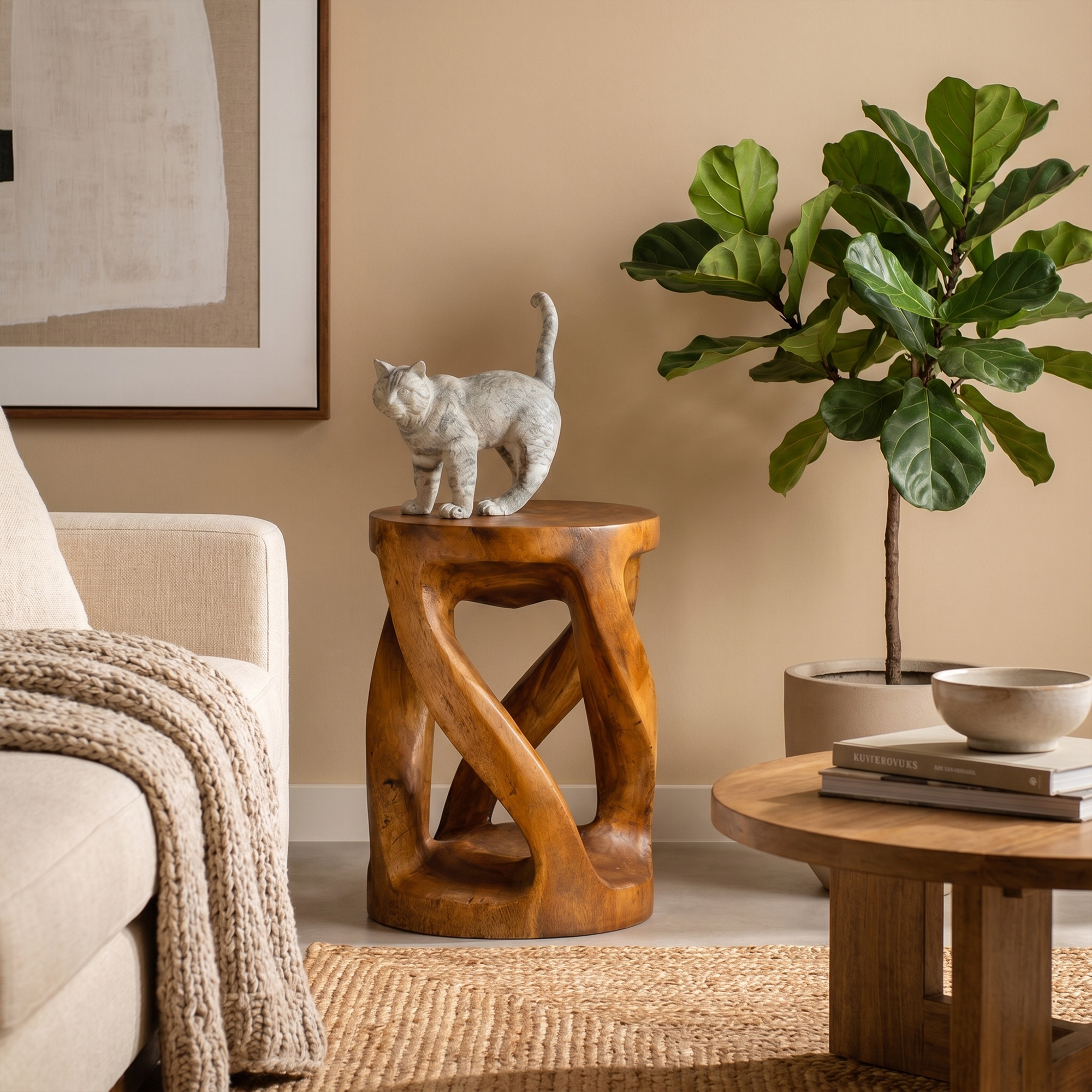 Handcrafted Side Table With Organic Twisted Design For Reading Nook