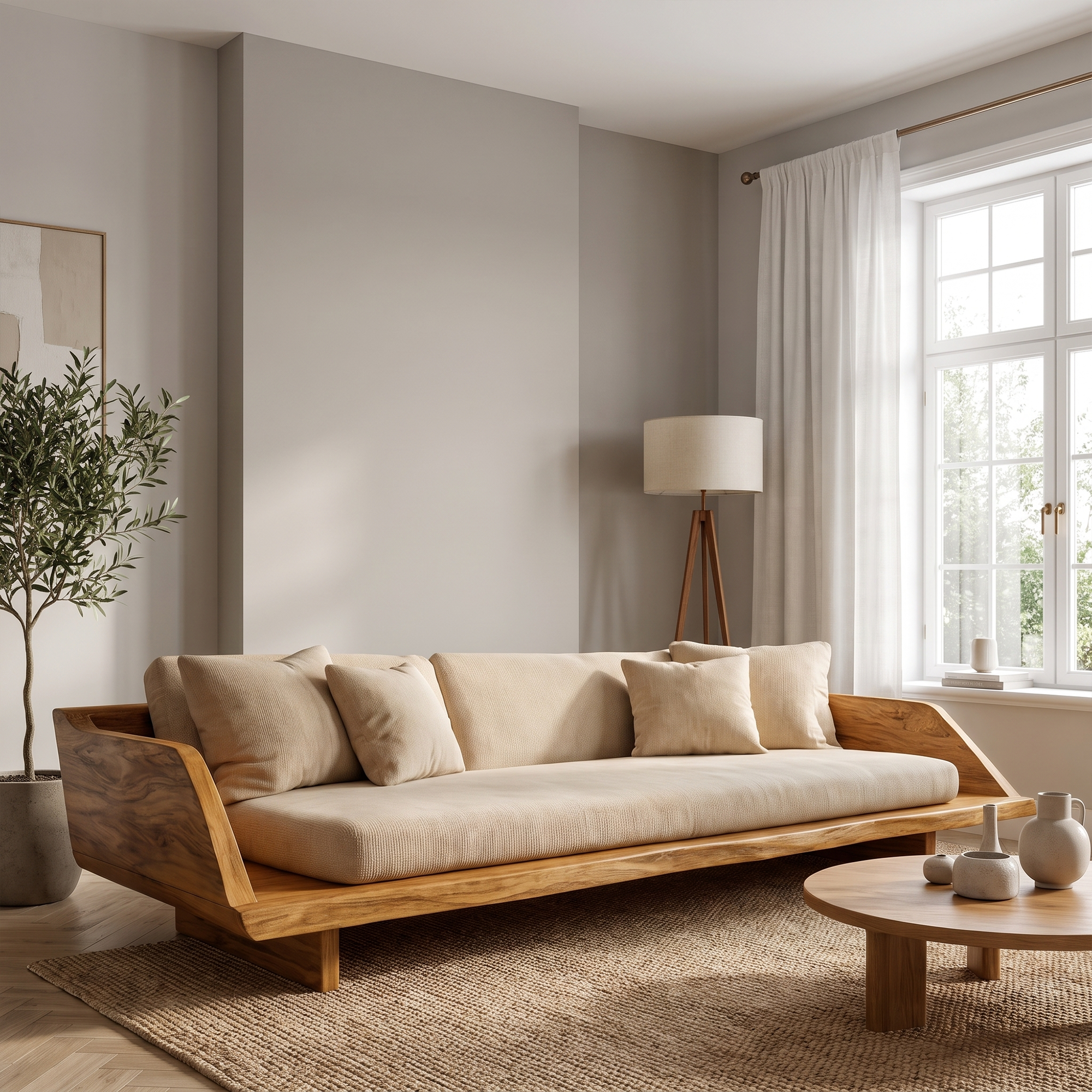 Handcrafted Sofa Frame With Sculptural Wooden Base For Living Room