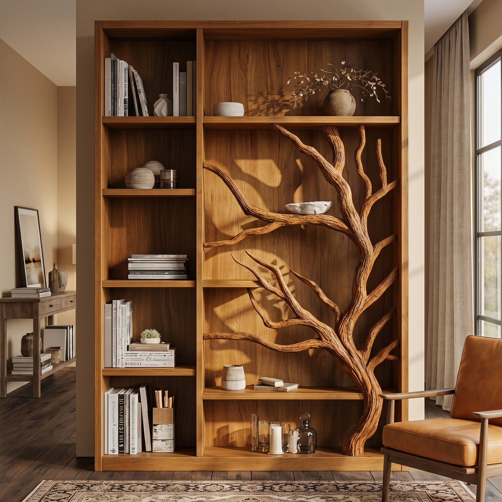 Tree Bookcase Cabinet With Open Display Shelves For Living Room And Study
