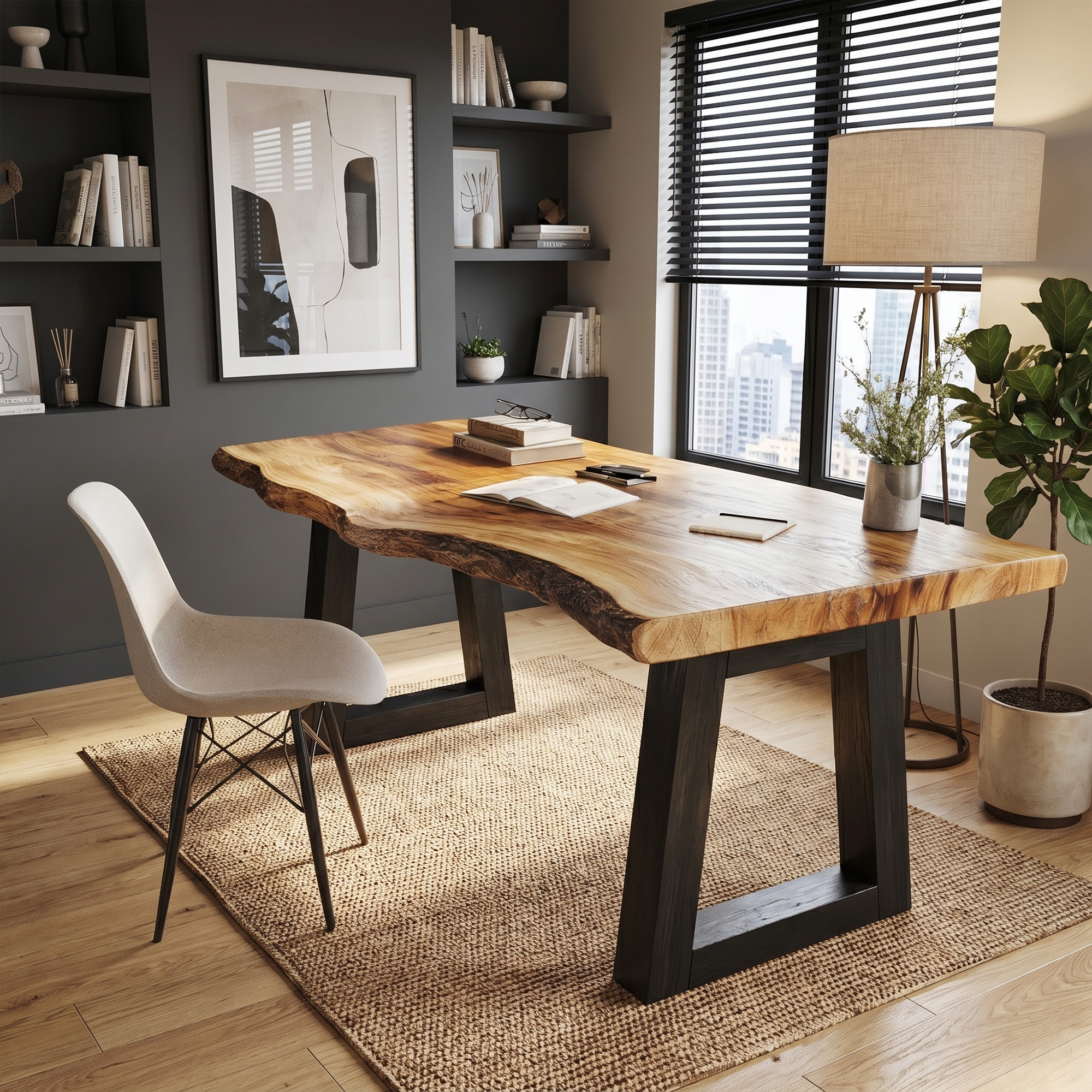 Modern Desk With Live Edge Solid Wood Top And Steel Base For Workspace