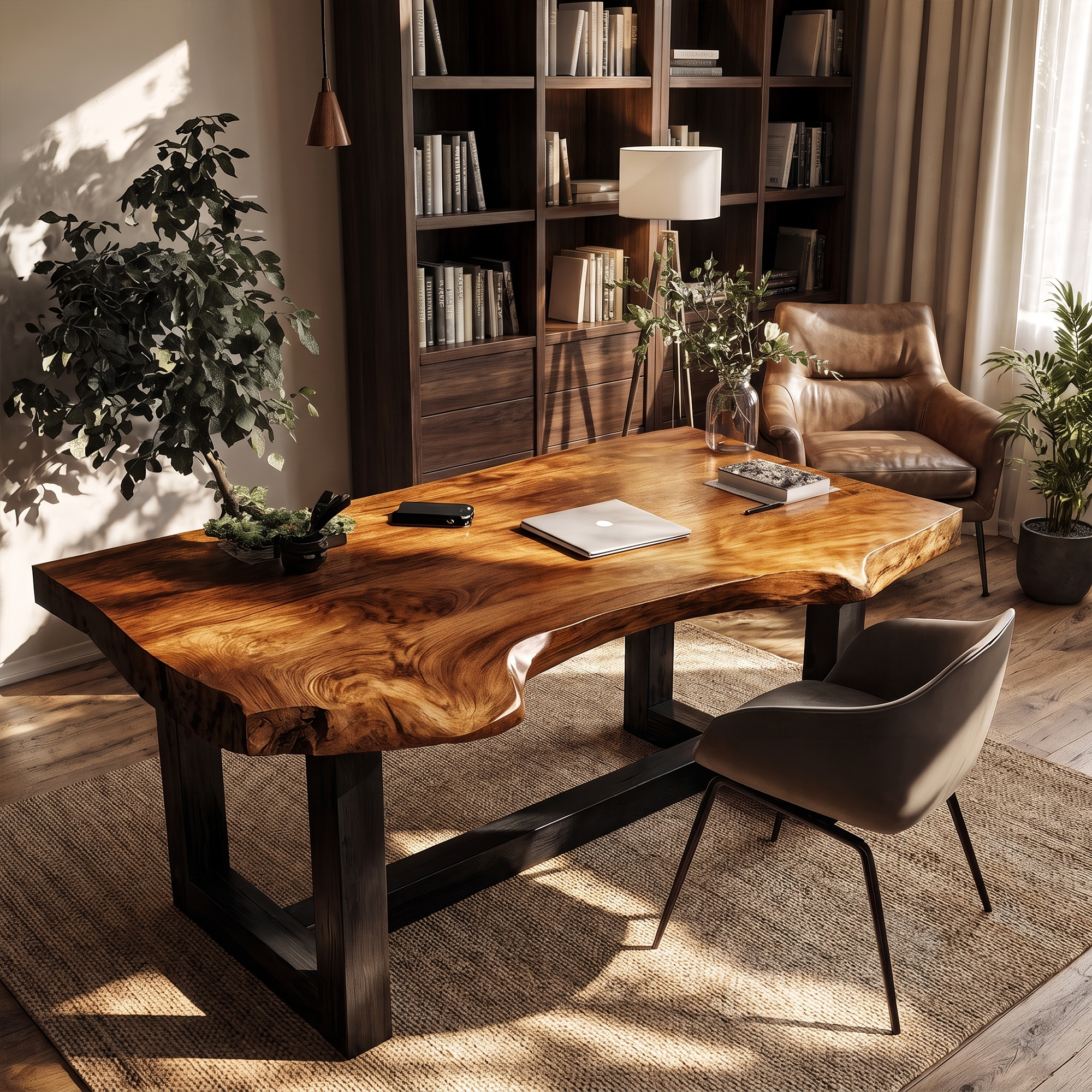 Minimal Desk With Live Edge Wooden Top For Home Office