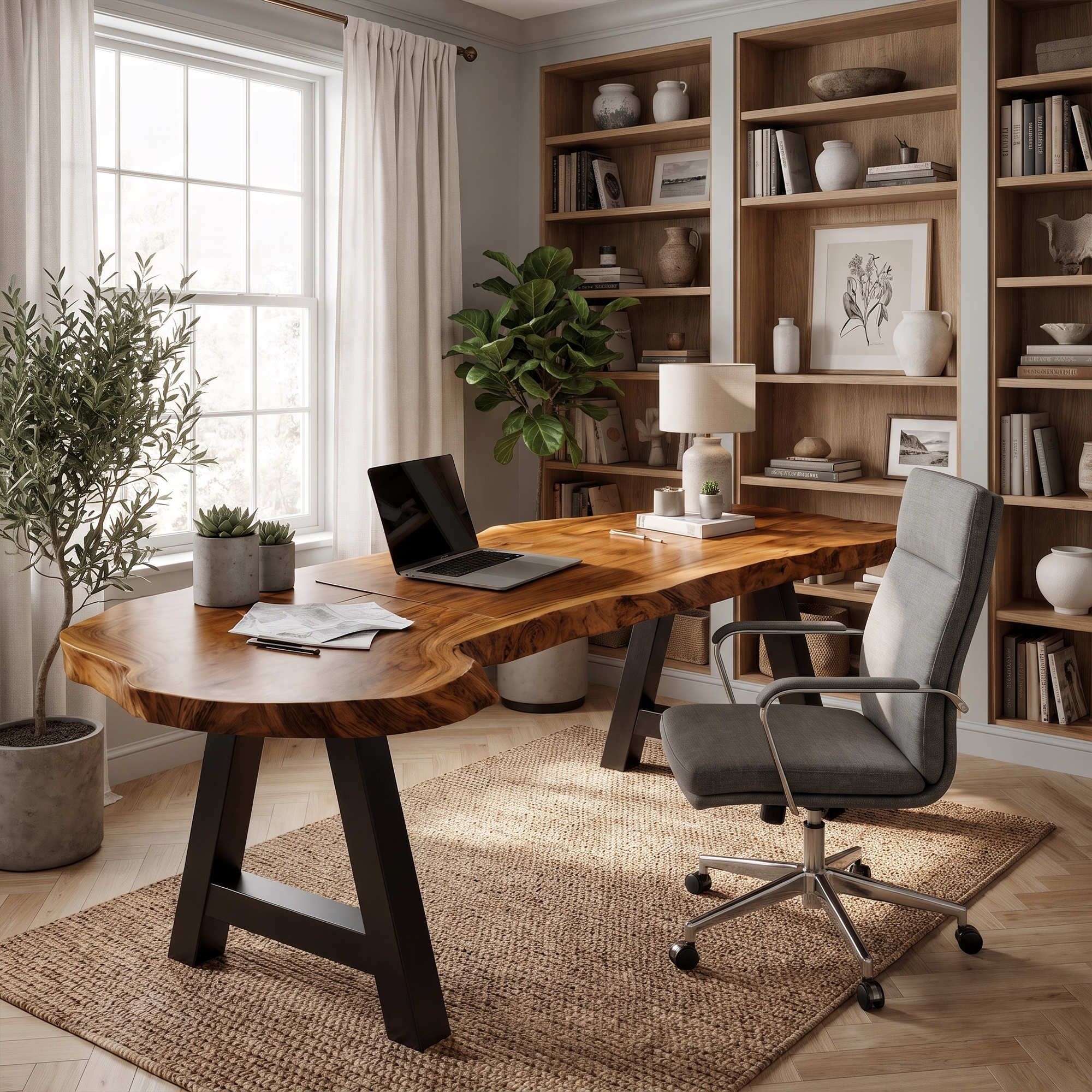 Rustic Writing Desk With Live Edge Wood Top And Metal Legs For Home Office