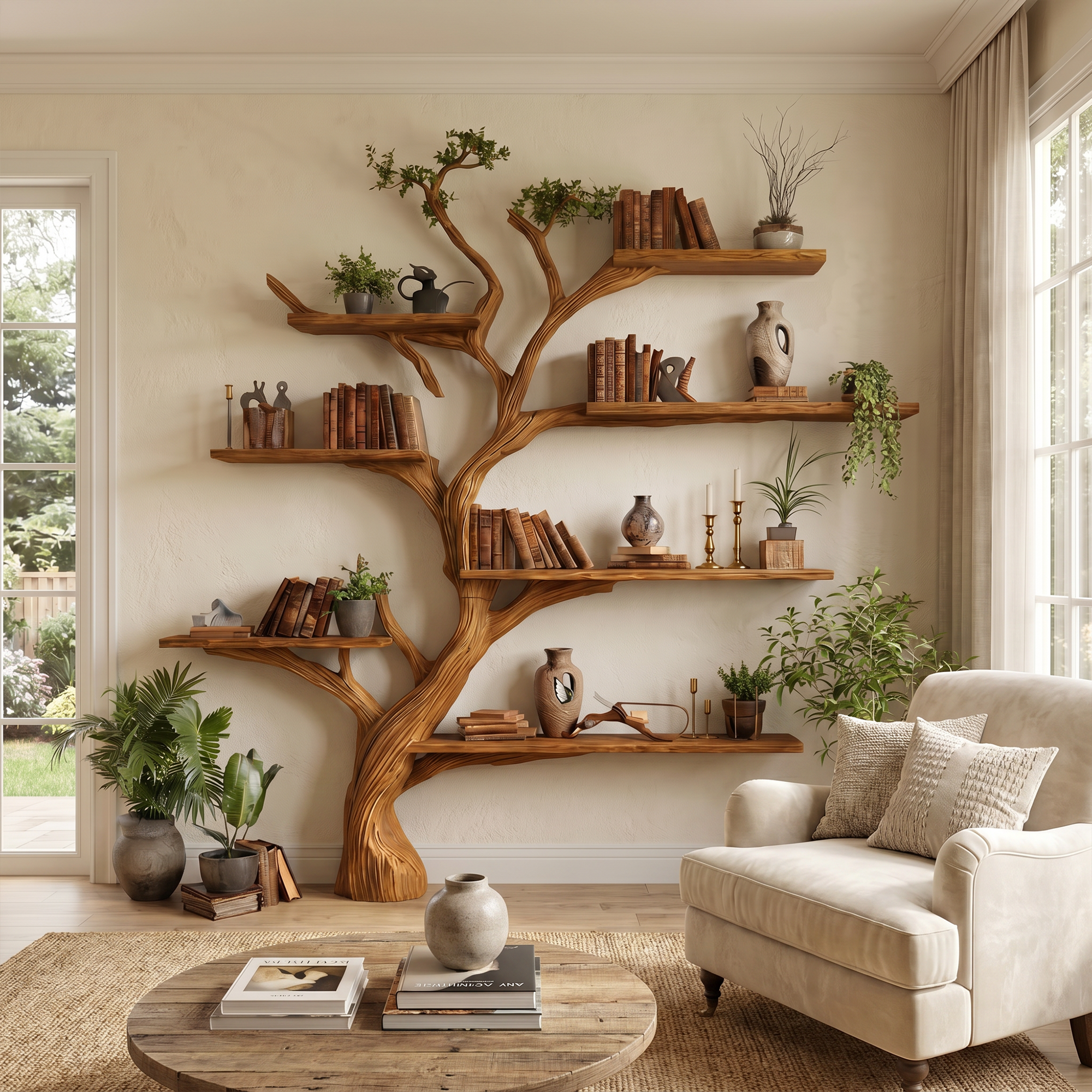 Rustic Handcrafted Tree Bookshelf For Living Room