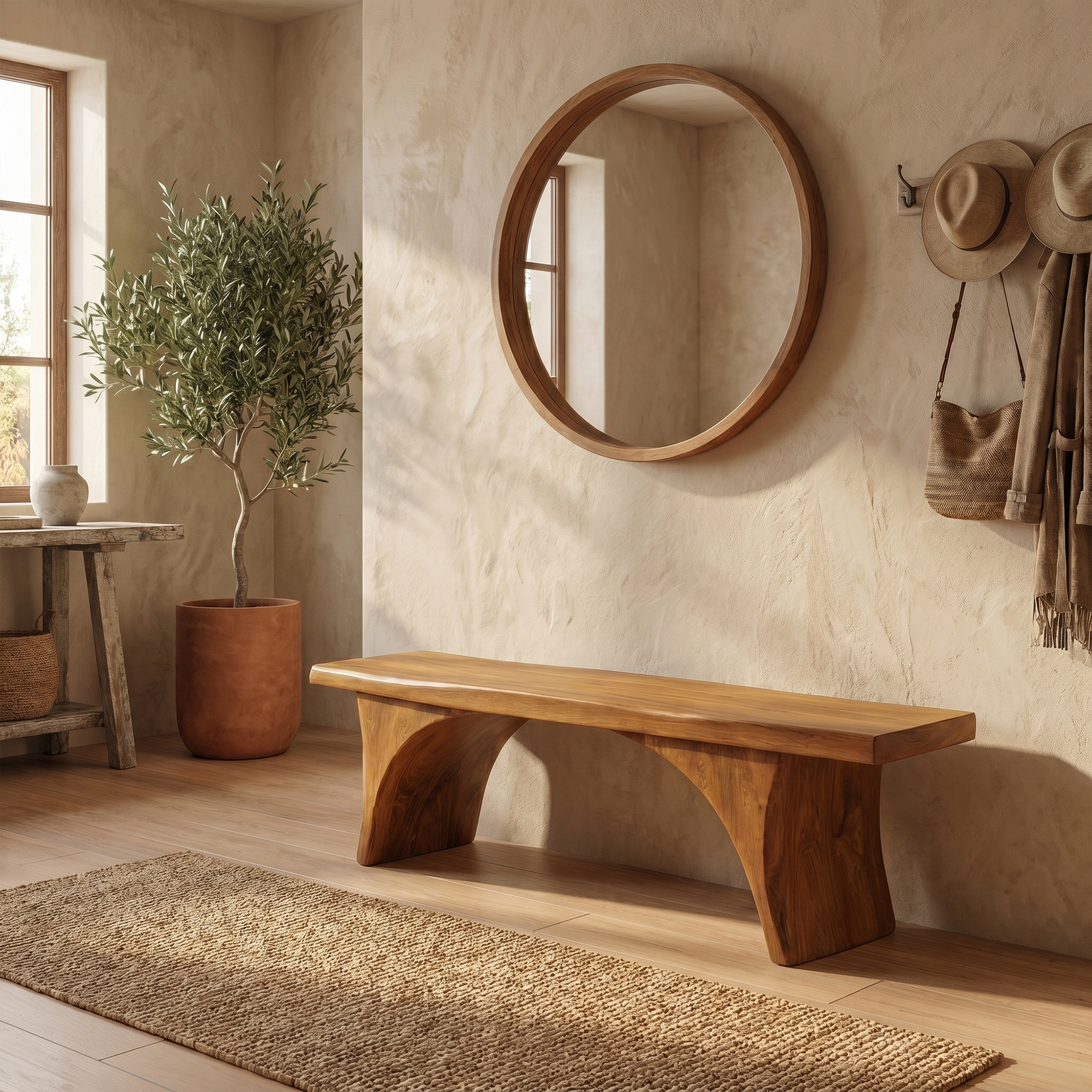 Organic Sculptural Bench With Curved Open Storage Base For Entryway And Living Room