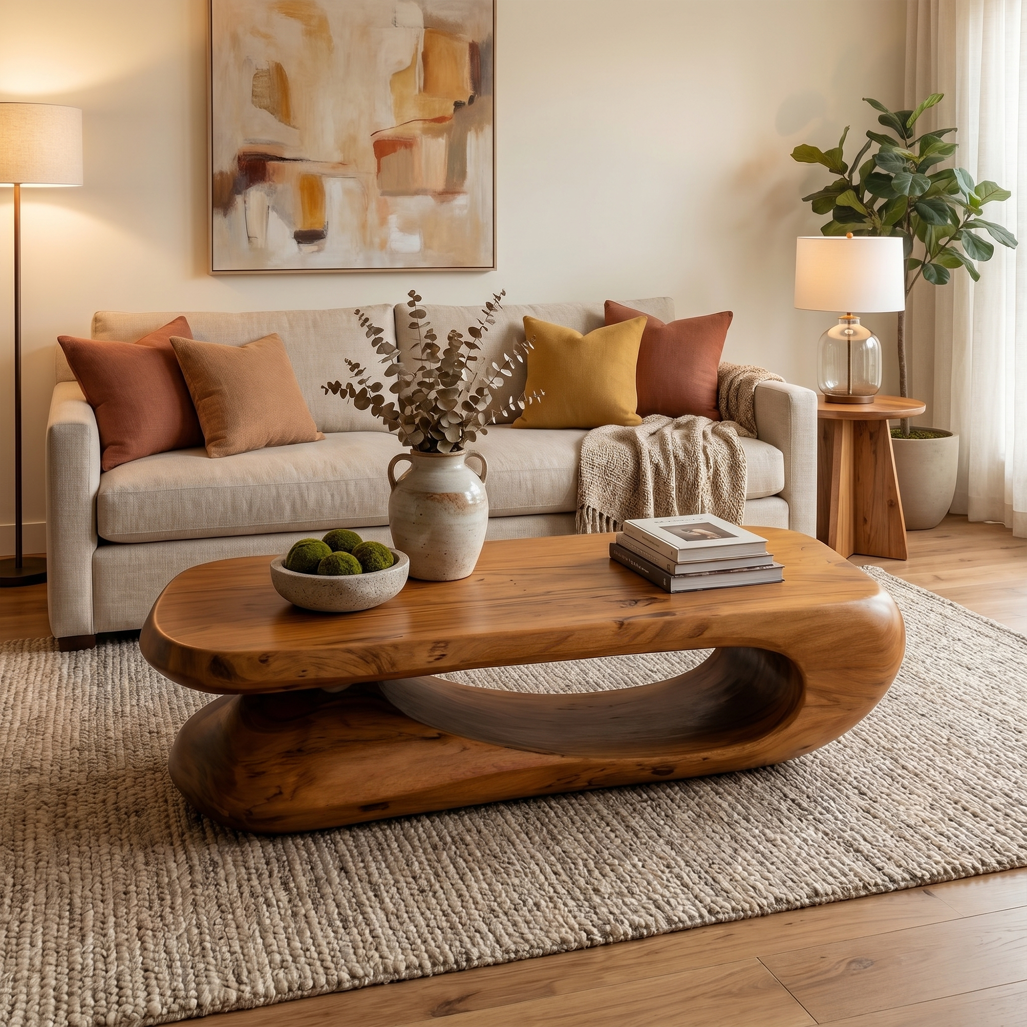 Organic Coffee Table With Flowing Monolithic Wood Form For Living Room