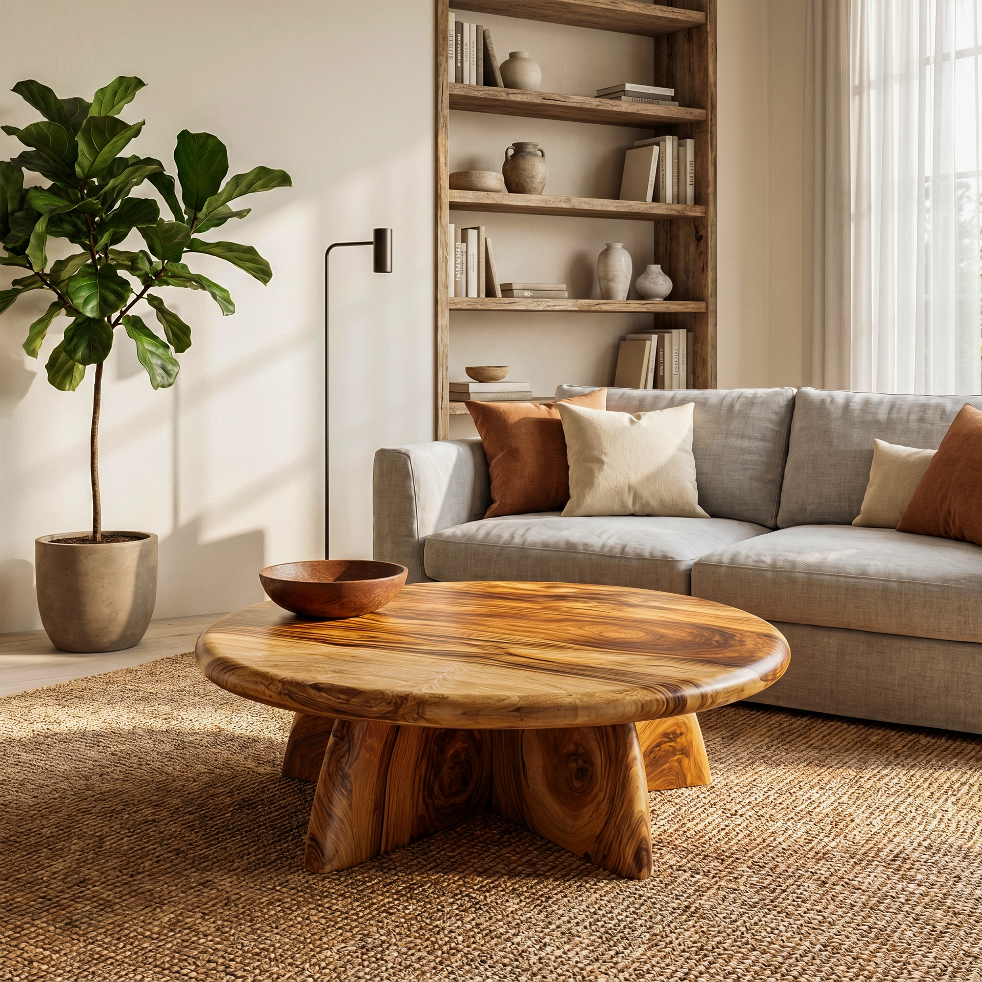 Rustic Coffee Table With Solid Wood Stump Base For Living Room