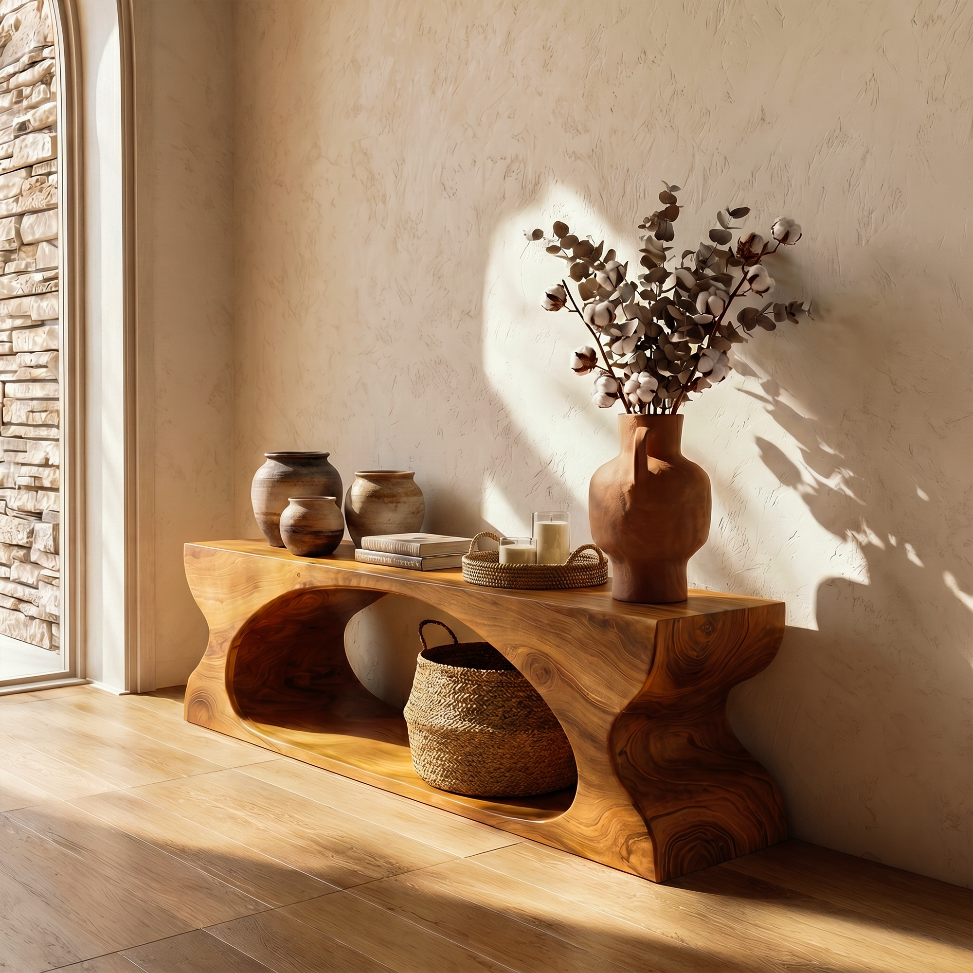 Modern Sculptural Wooden Bench With Organic Design For Entryway And Living Room