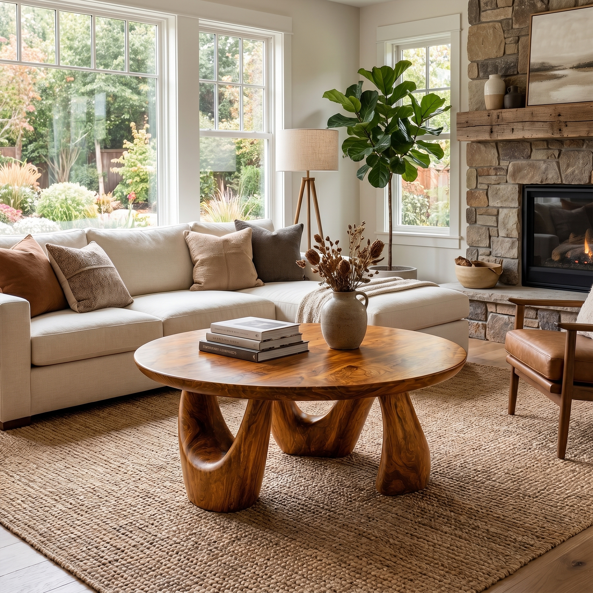 Organic Coffee Table With Freeform Live Edge Top And Sculptural Loop Wood Base For Living Room
