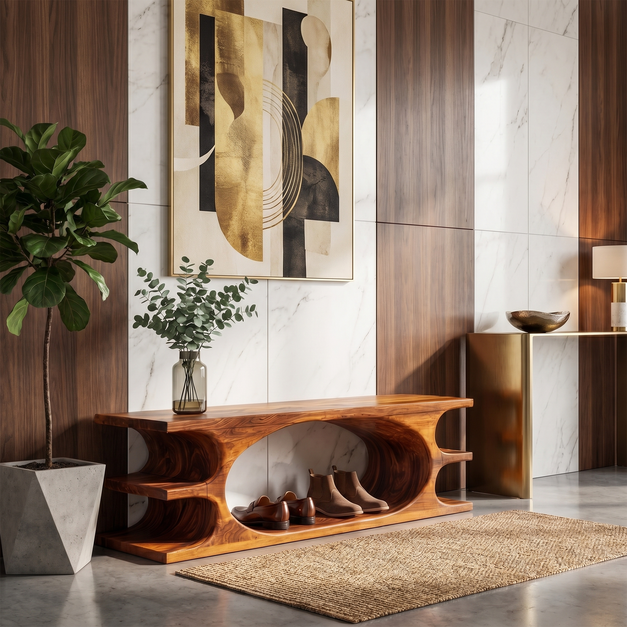 Organic Sculptural Wooden Bench With Flowing Curved Base For Living Room And Entryway