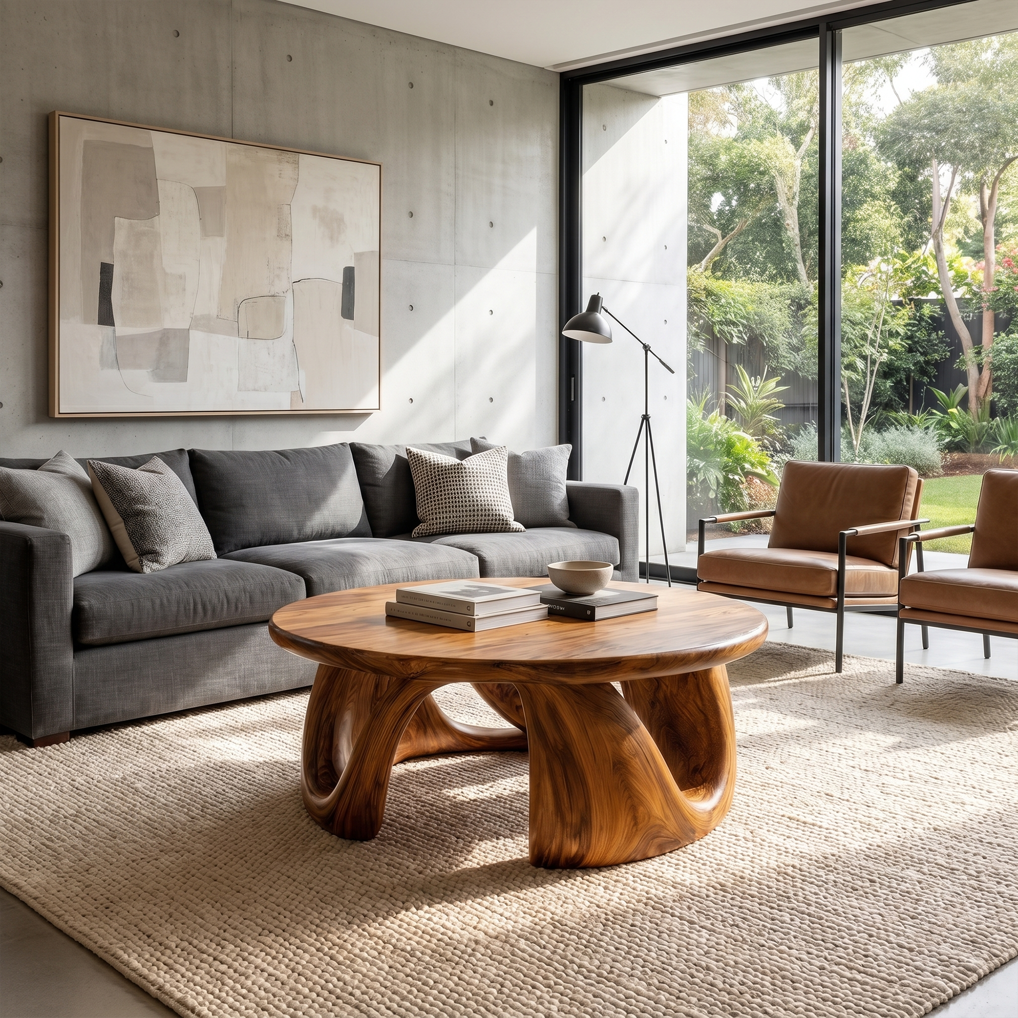 Organic Modern Coffee Table With Round Wood Top And Artistic Curved Base For Living Room