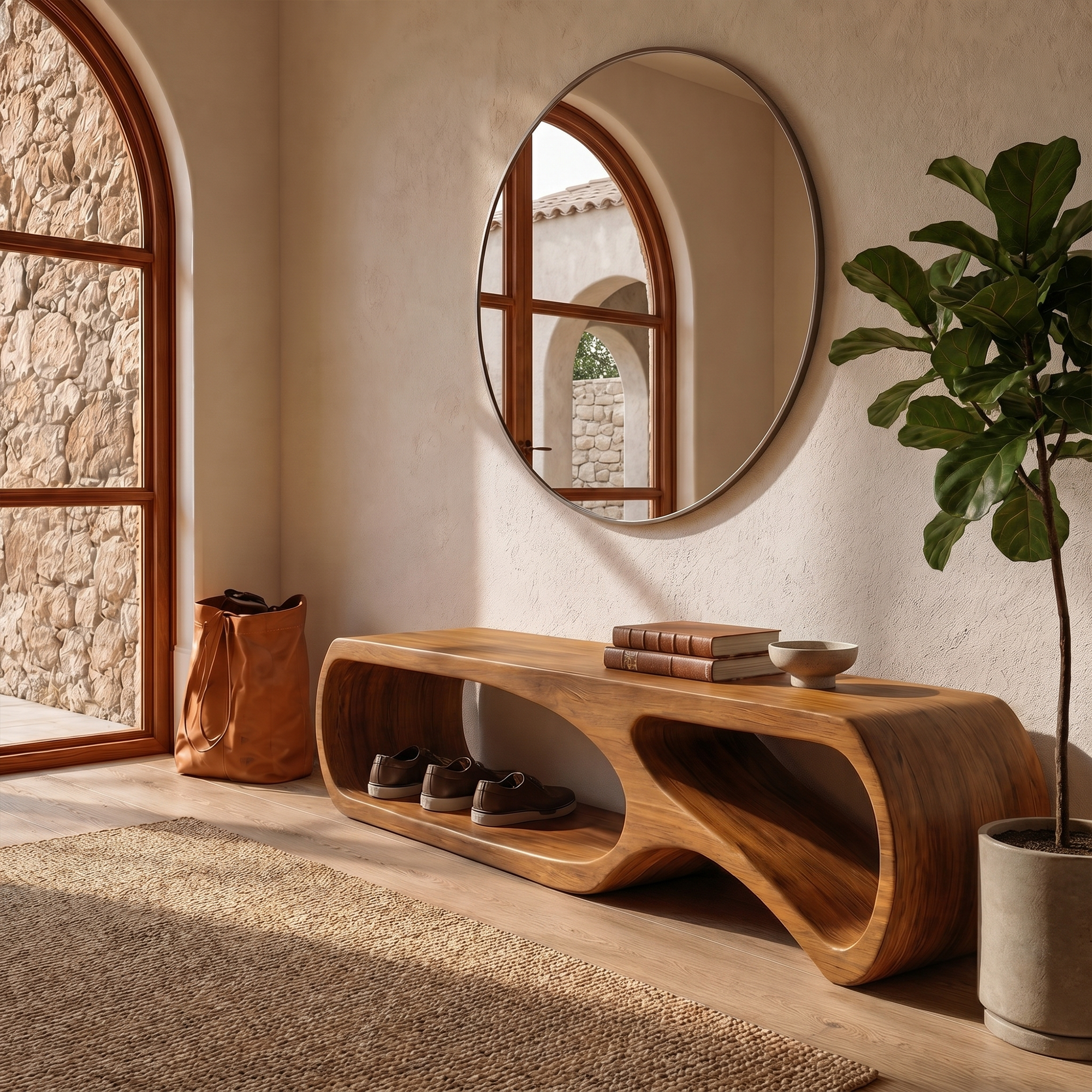 Sculptural Bench With Curved Open Storage Base For Entryway