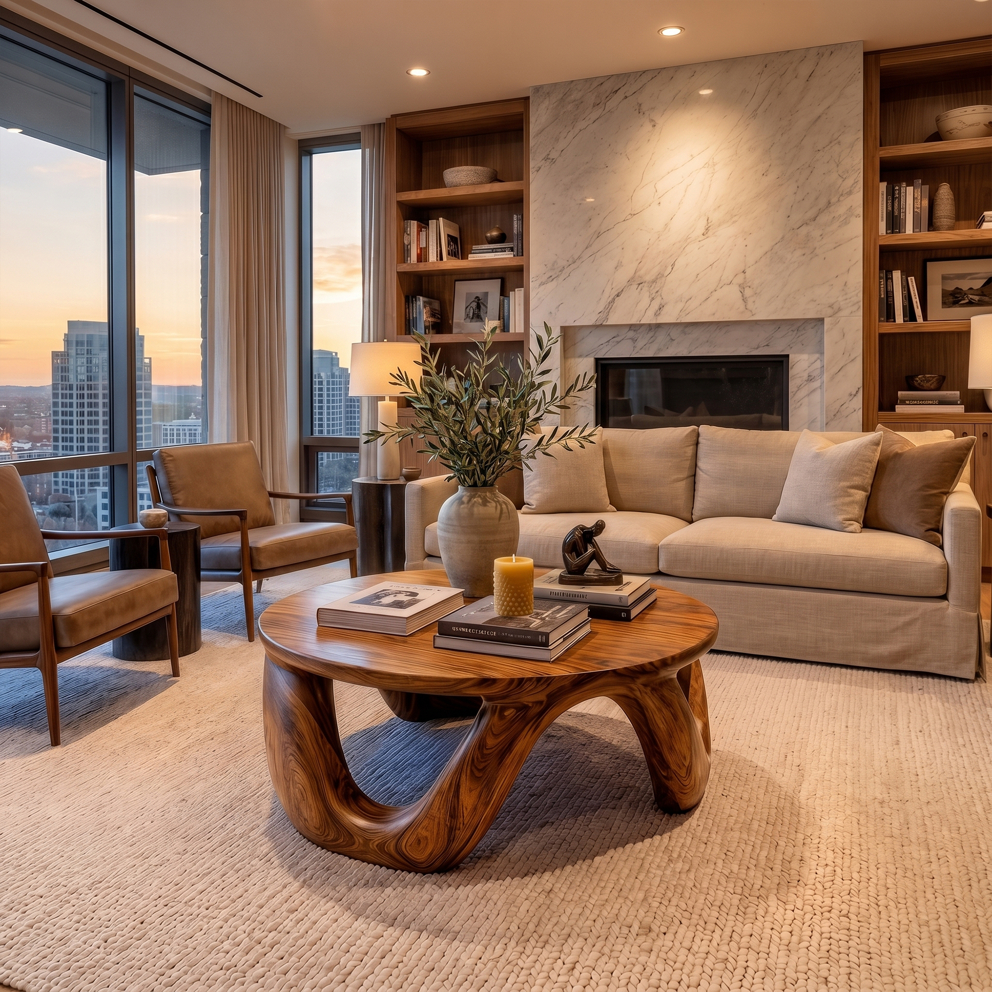 Modern Coffee Table With Round Solid Wood Top And Artistic Sculptural Base For Living Room