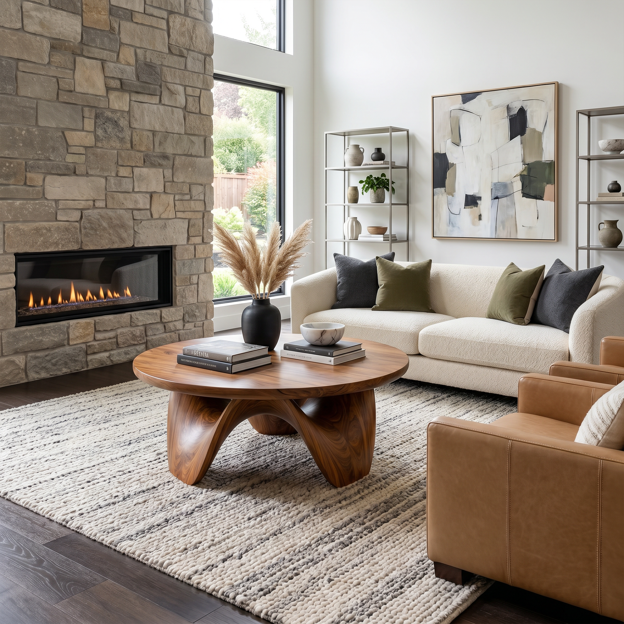 Rustic Coffee Table With Sculptural Solid Wood Base And Round Live Edge Top For Living Room