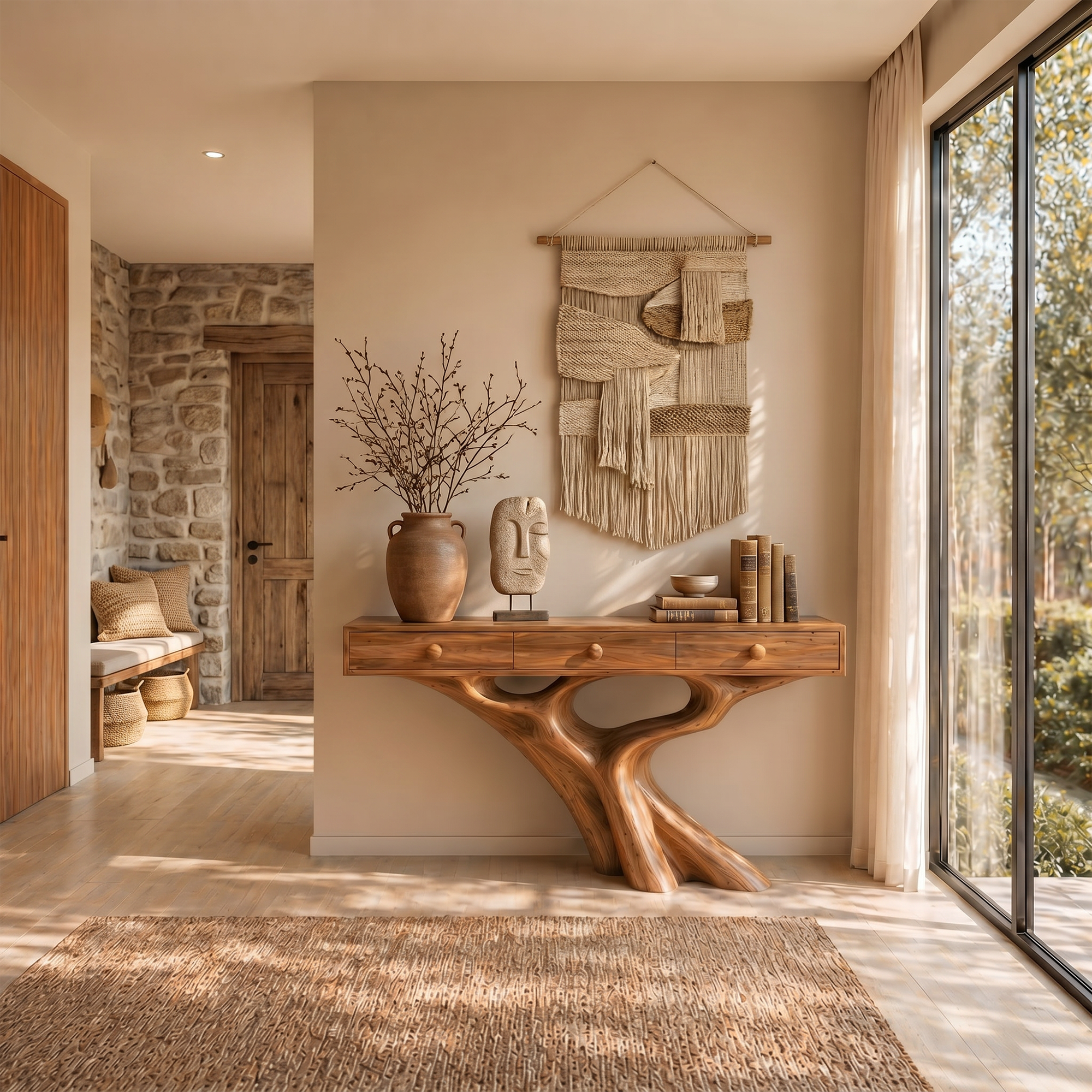 Organic Console Table With Built In Storage Cabinet And Sculptural Curved Wood Base For Entryway And Living Room