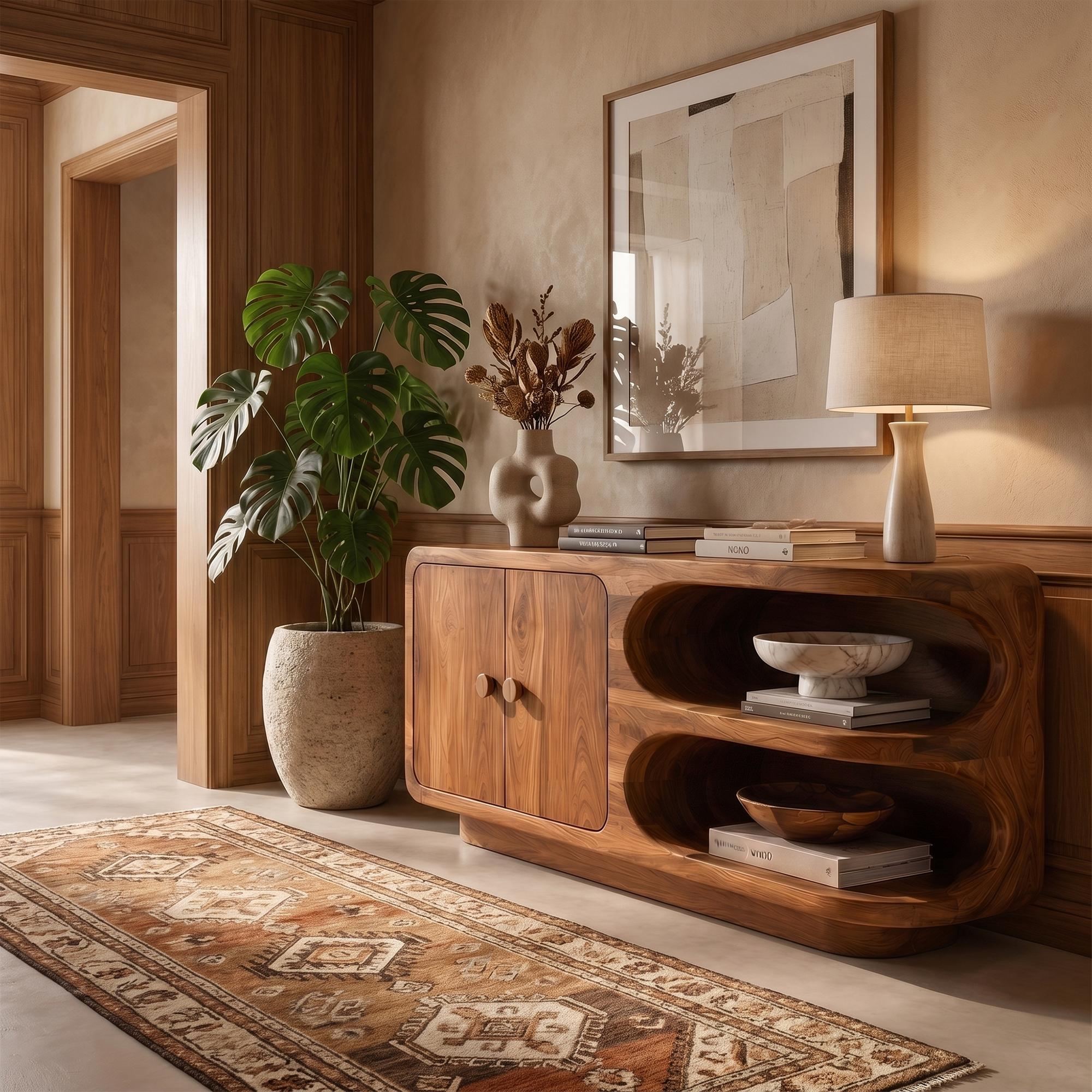 Organic Sideboard With Rounded Solid Wood Frame And Open Display Shelves For Living Room