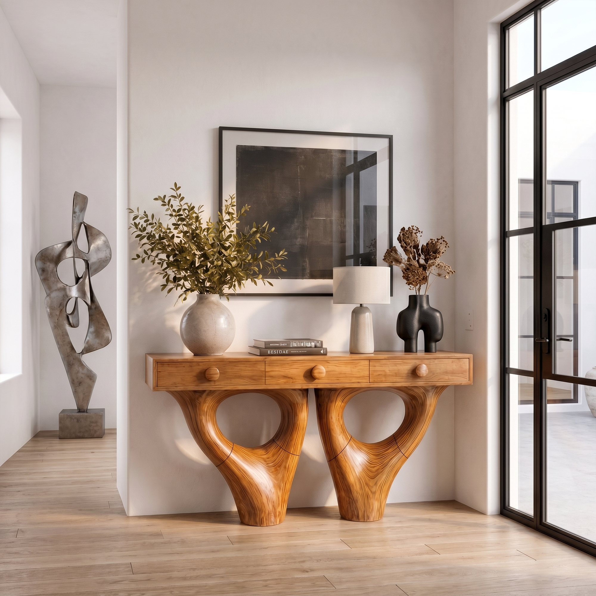 Rustic Console Table With Sculptural Double Pedestal Wood Base And Solid Wood Top For Entryway And Living Room