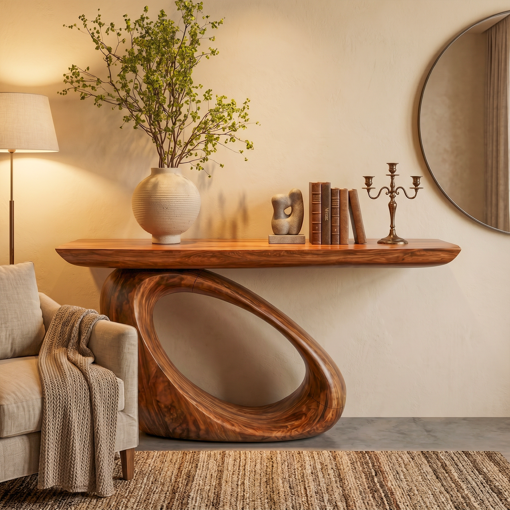 Modern Organic Console Table With Sculptural Loop Pedestal Wood Base For Entryway And Living Room